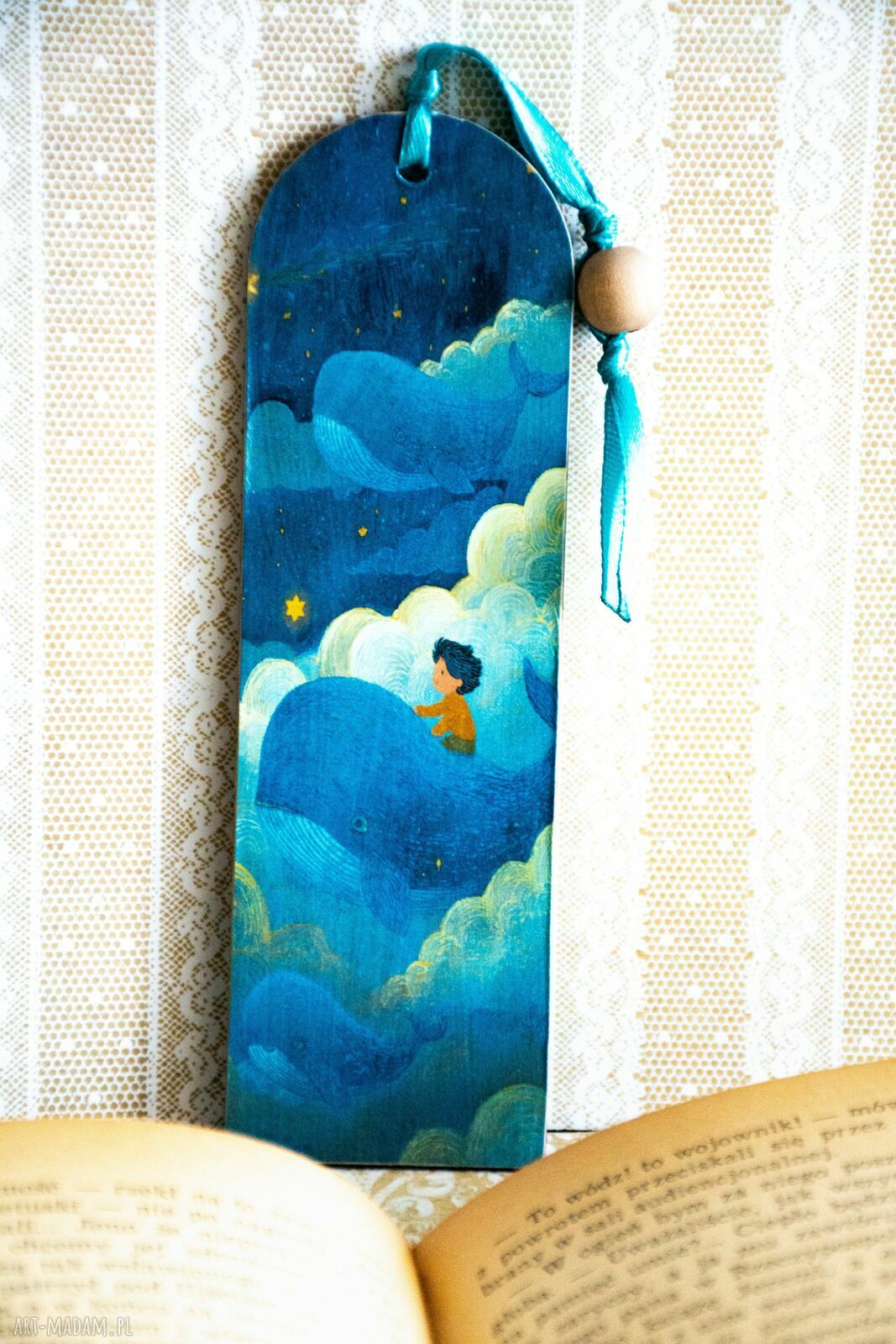 Zakładka do książki - Morska opowieść (drewniana, decoupage, wieloryb)
