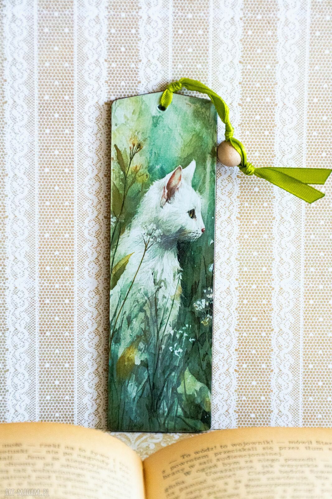 Ręcznie robiona zakładka do książki Kot i myszka - decoupage na drewnie
