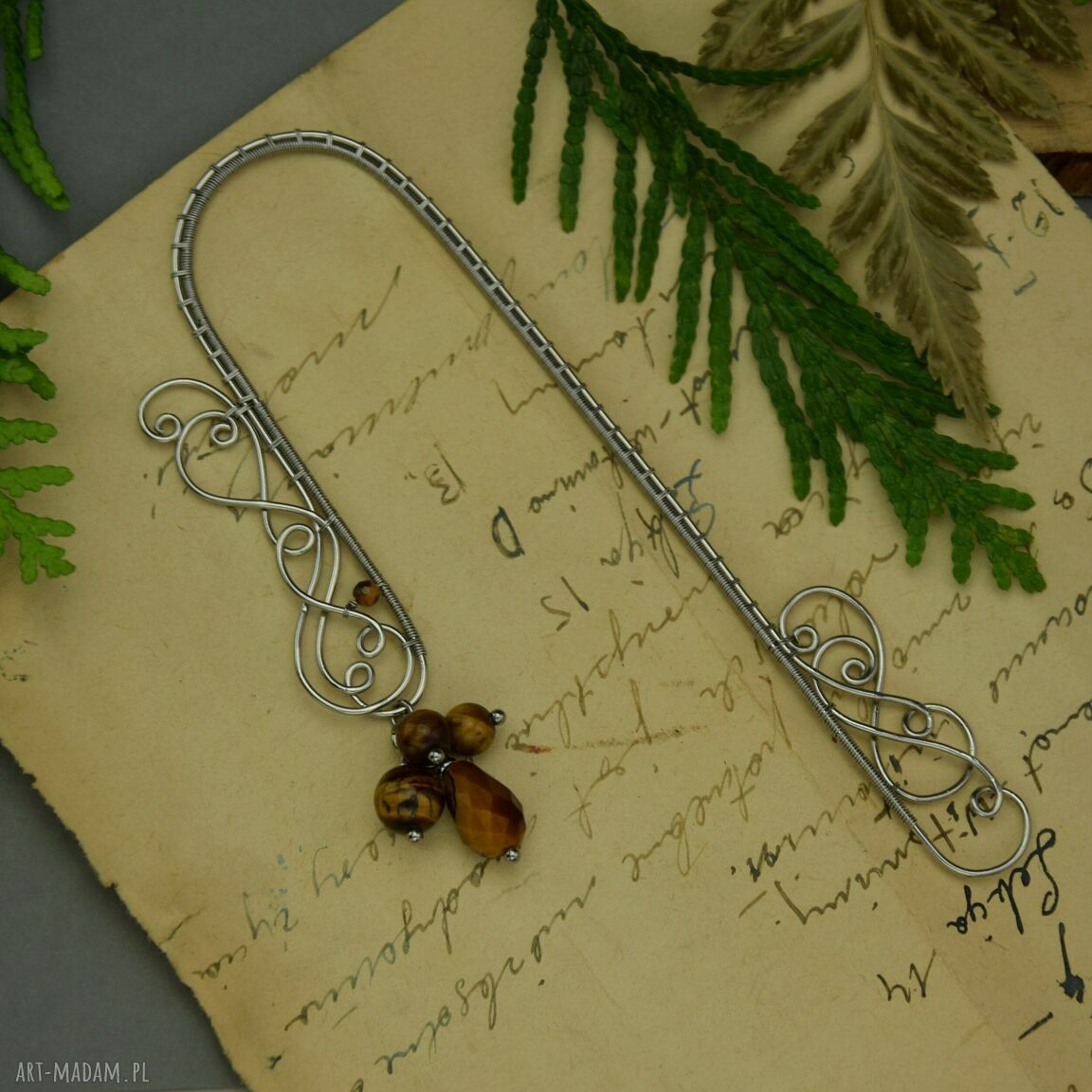 Zakładka do książki ozdobna Tygrysie Oko - wire wrapping