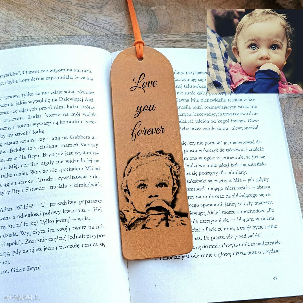 Personalizowana skórzana zakładka do książki ze zdjęciem i grawerem laserowym