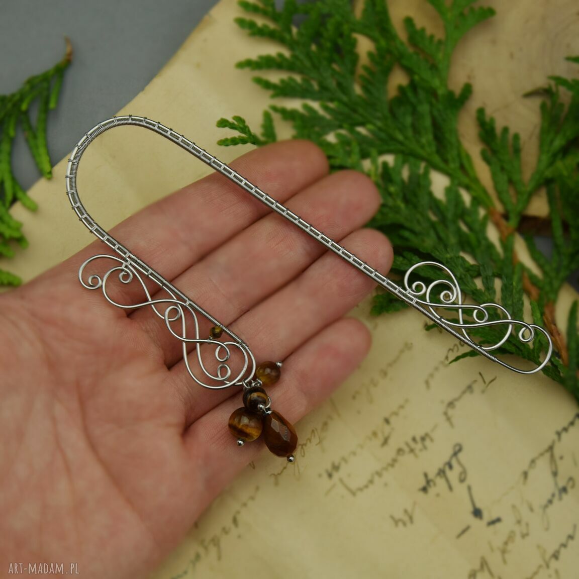 Zakładka do książki ozdobna Tygrysie Oko - wire wrapping
