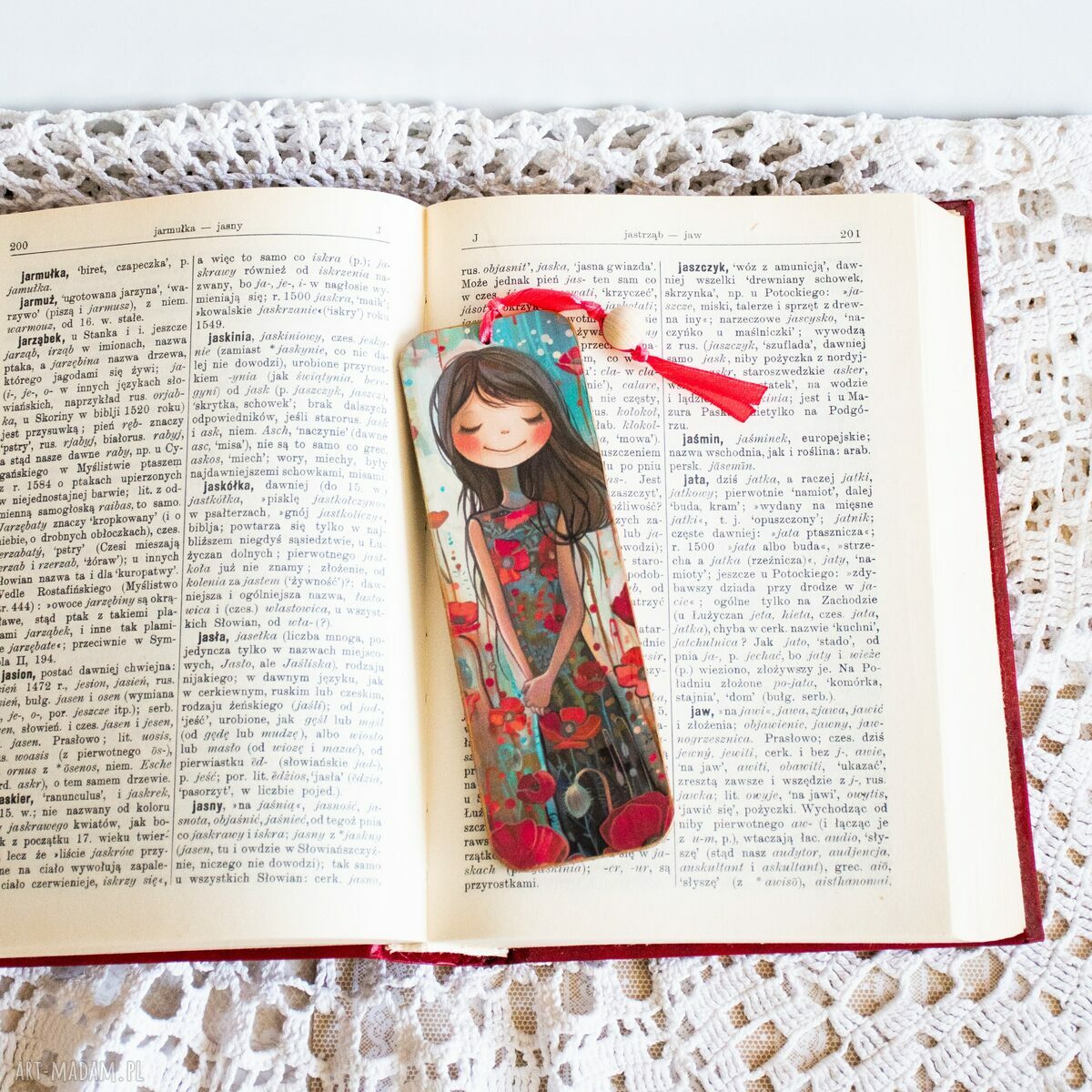 Drewniana zakładka do książki Makowa panienka - handmade dla dziewczynki