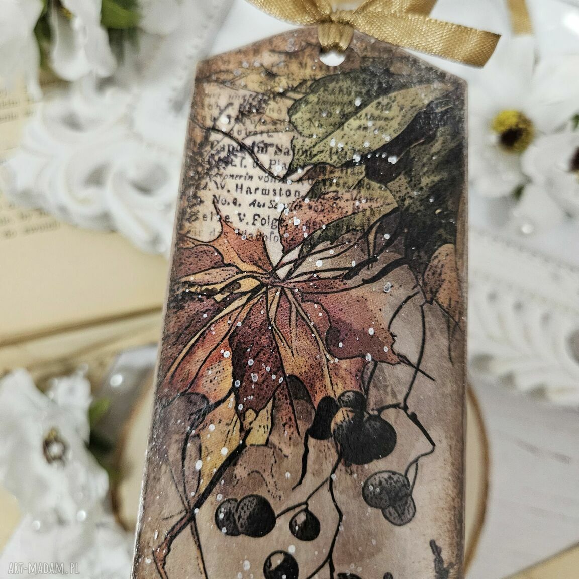 Zakładka jesienna do książki - decoupage handmade z motywem liści
