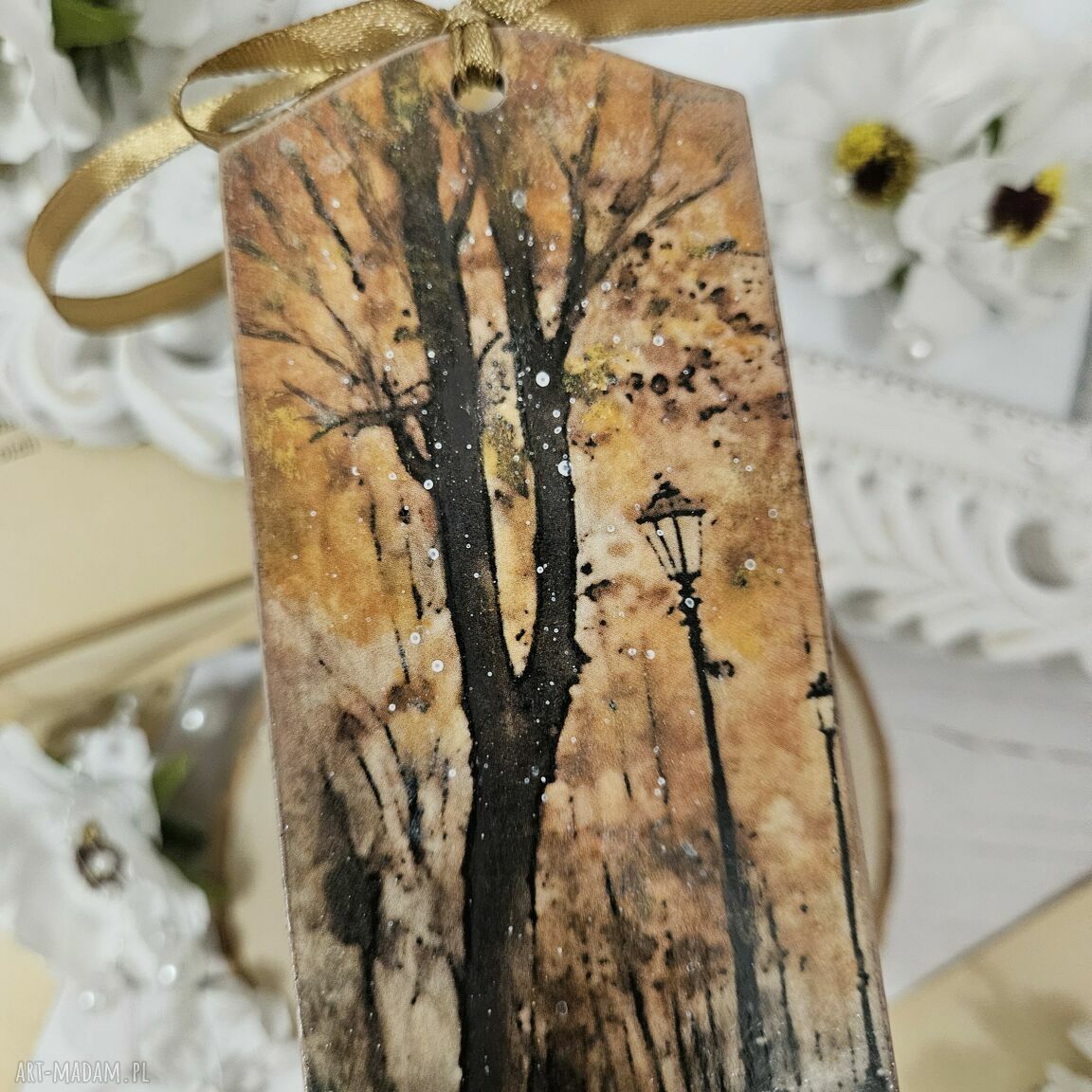 Zakładka jesienna decoupage z liśćmi i widoczkiem ręcznie robiona