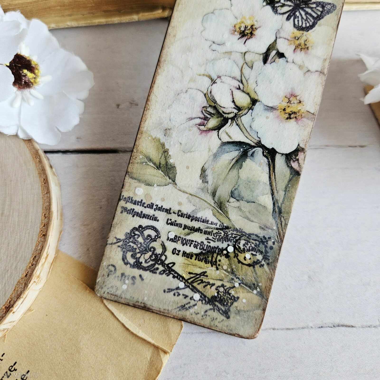 Zakładka kwiatowa decoupage Wiosna Motyl - ręcznie robiona zakładka Justyna Art