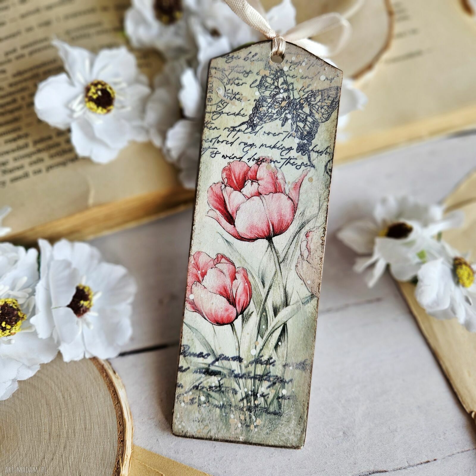 Zakładka kwiatowa decoupage Wiosna Motyl - ręcznie robiona zakładka Justyna Art
