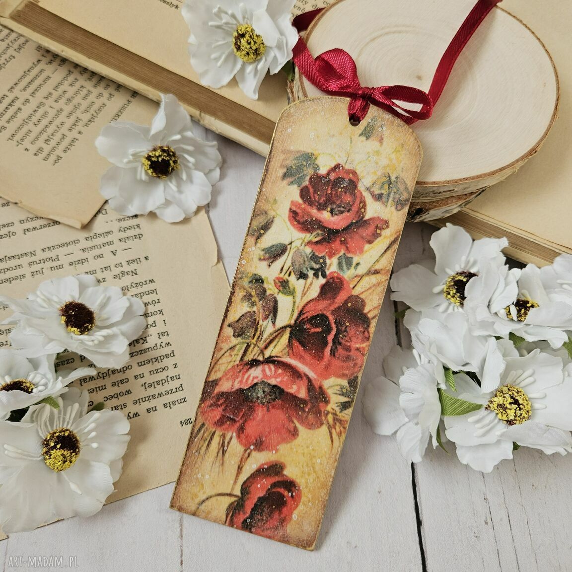 Zakładka kwiatowa z makami decoupage - ręcznie robiona