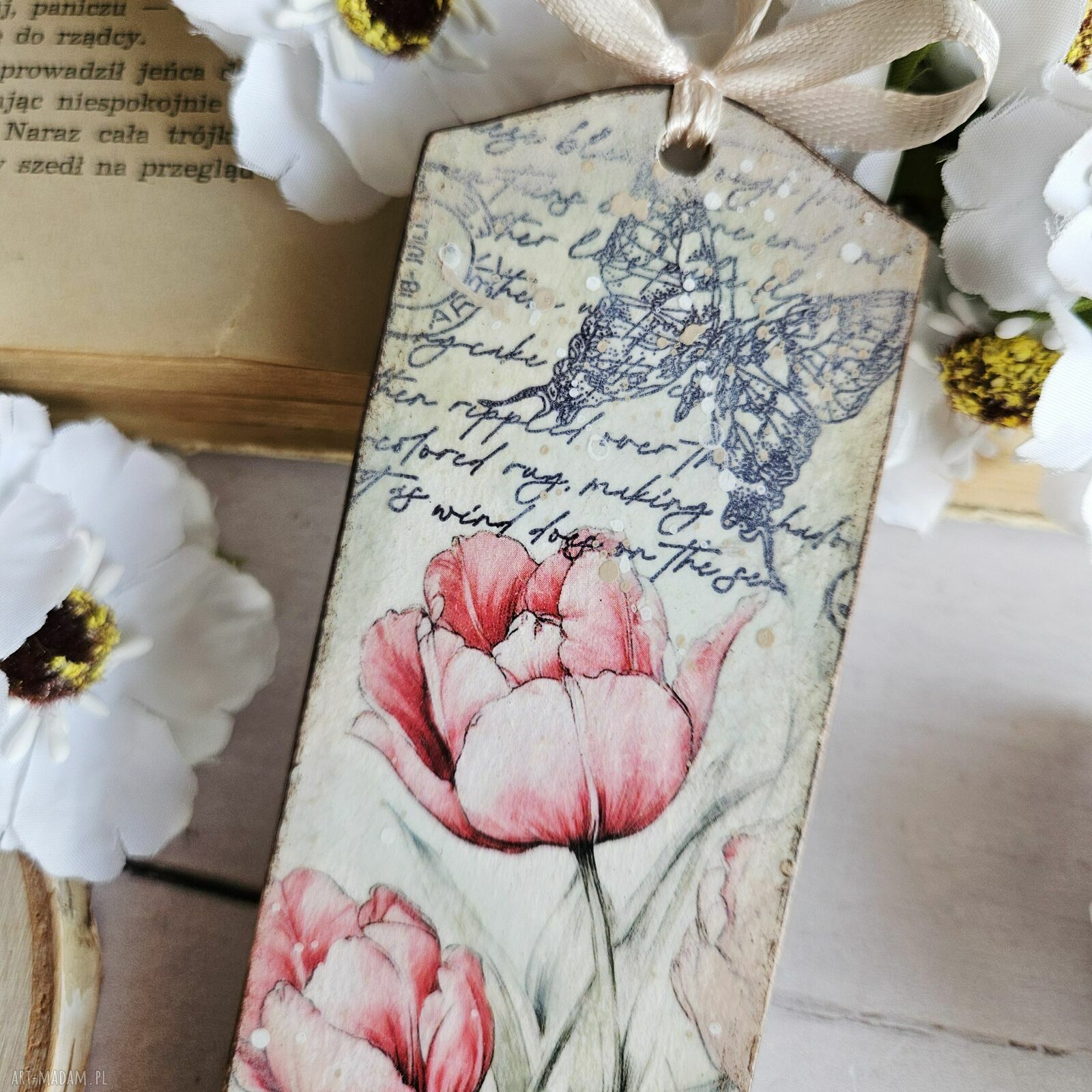 Zakładka kwiatowa decoupage Wiosna Motyl - ręcznie robiona zakładka Justyna Art