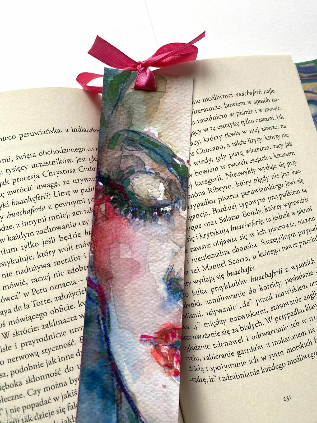 Zakładka papierowa „Różowa Wstążka” - ręcznie malowana akwarela