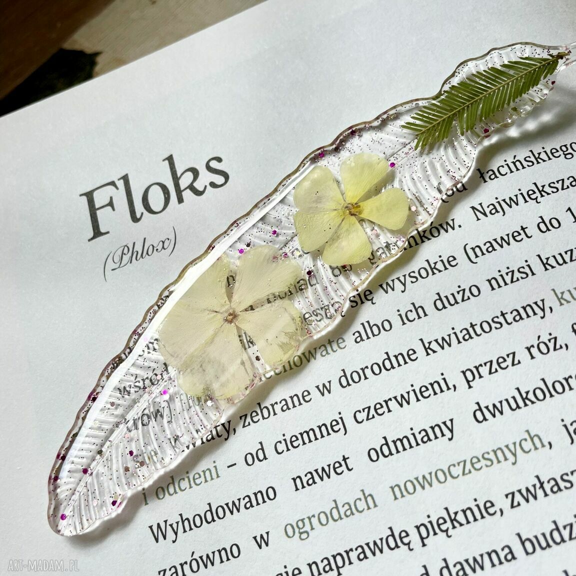 Zakładka pióro z floksem - ręcznie robiona w żywicy epoksydowej