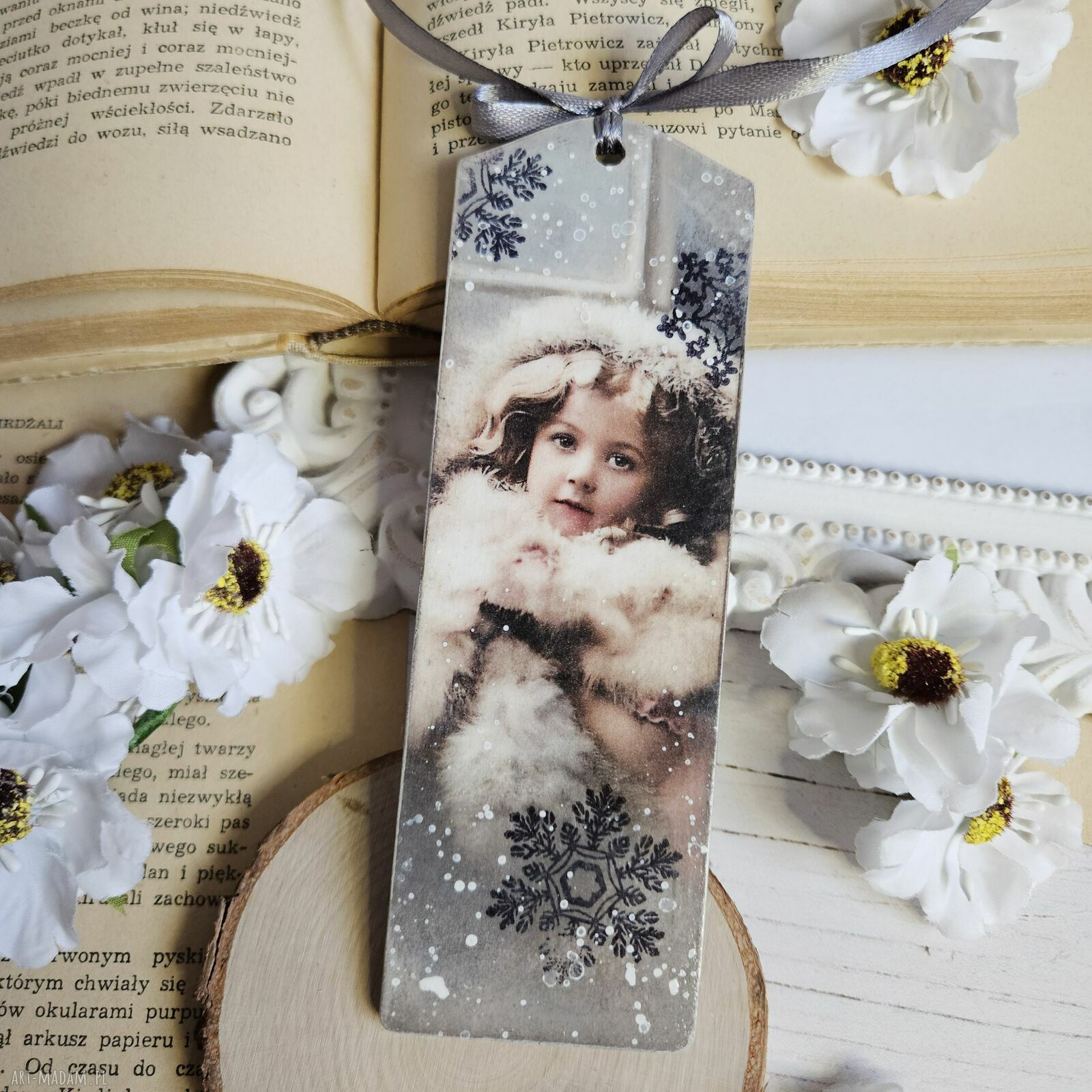 Zakładka świąteczna vintage z decoupage - ręcznie robiona 15x5 cm