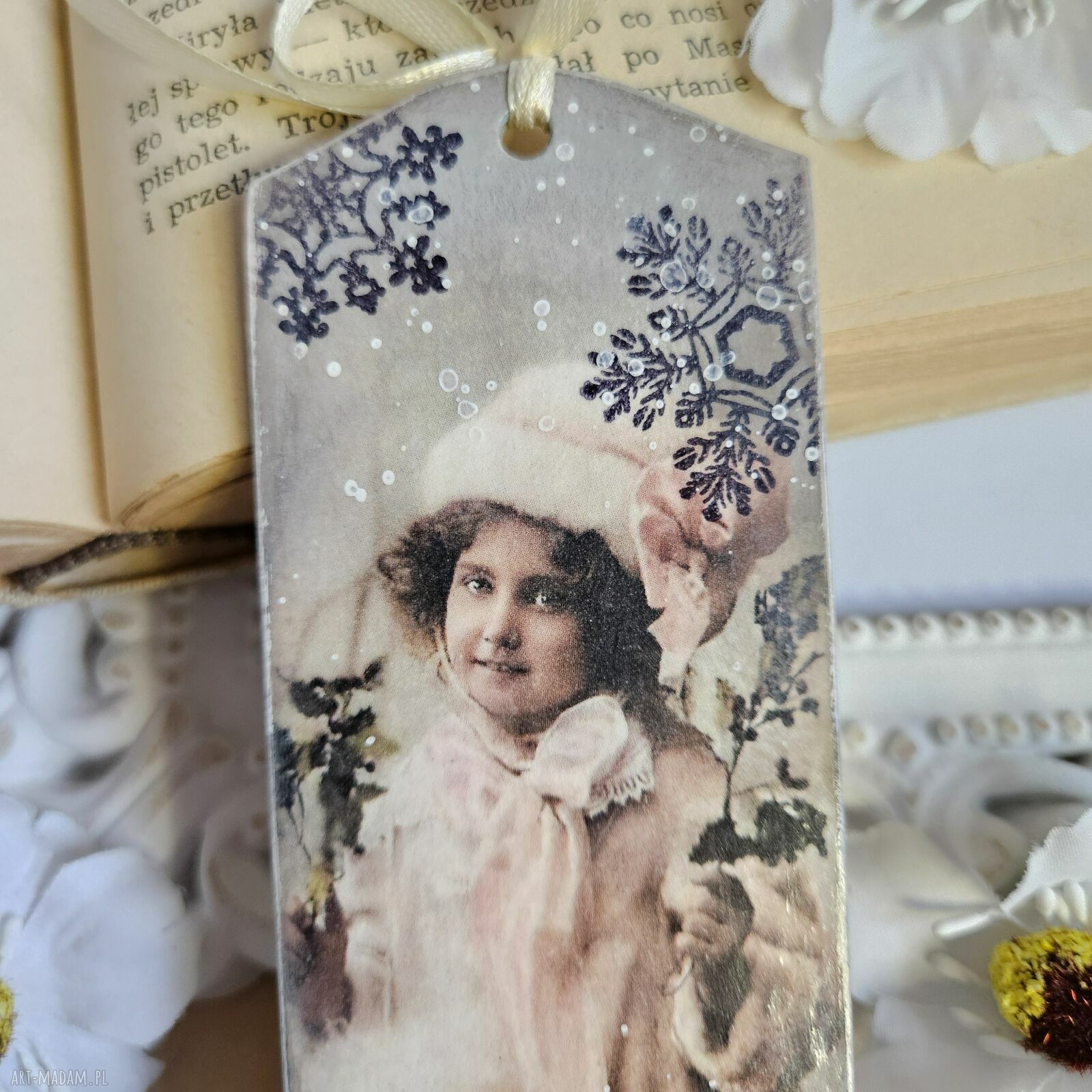 Zakładka świąteczna vintage wykonana techniką decoupage