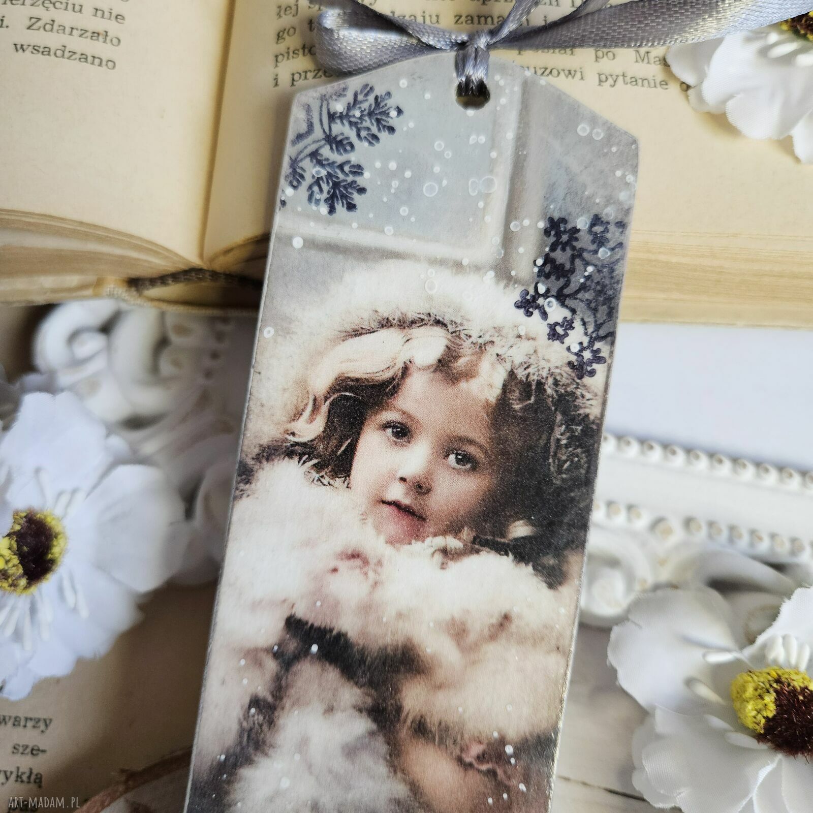Zakładka świąteczna vintage z decoupage - ręcznie robiona (15x5 cm)