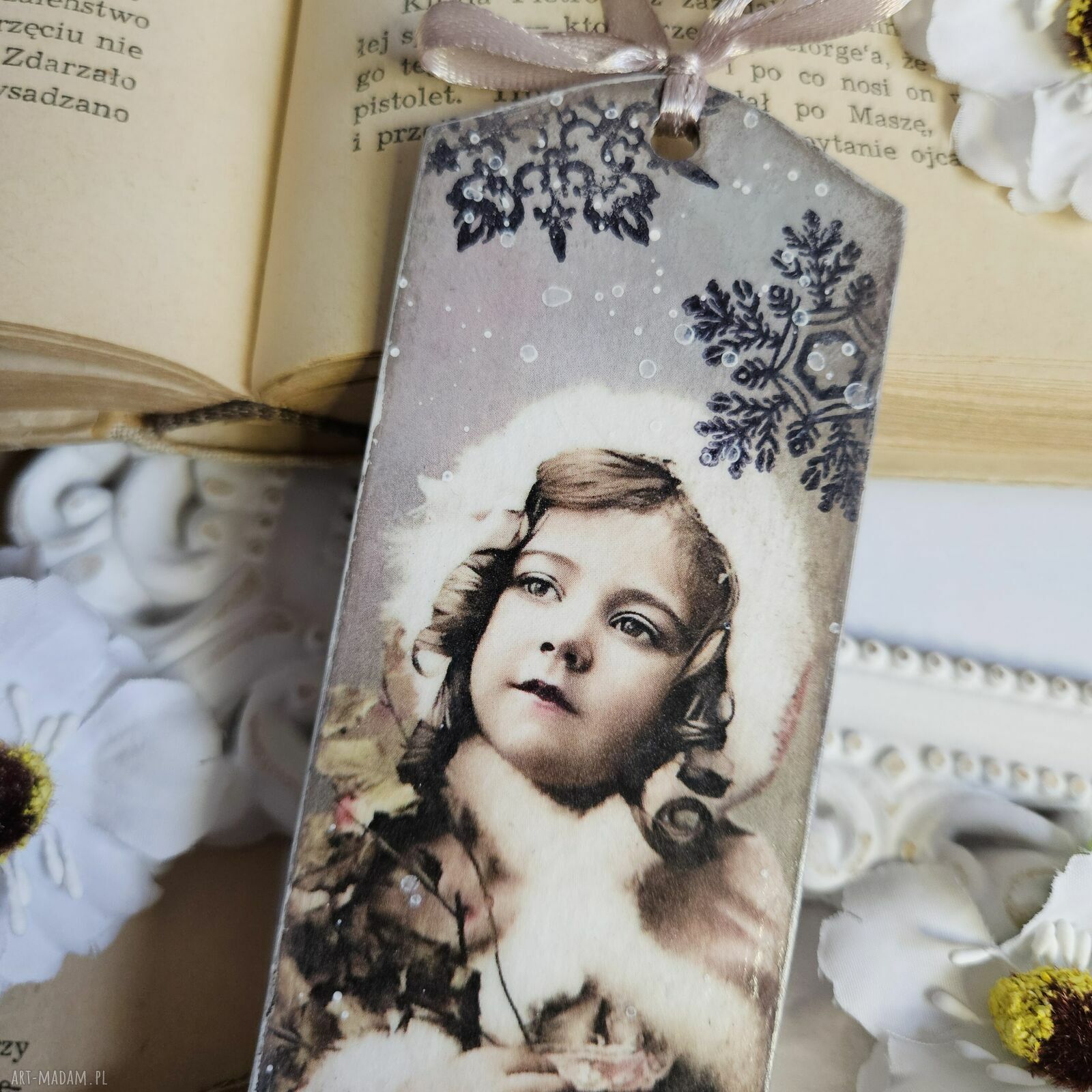 Zakładka świąteczna vintage - ręcznie robiona w technice decoupage (15 x 5 cm)