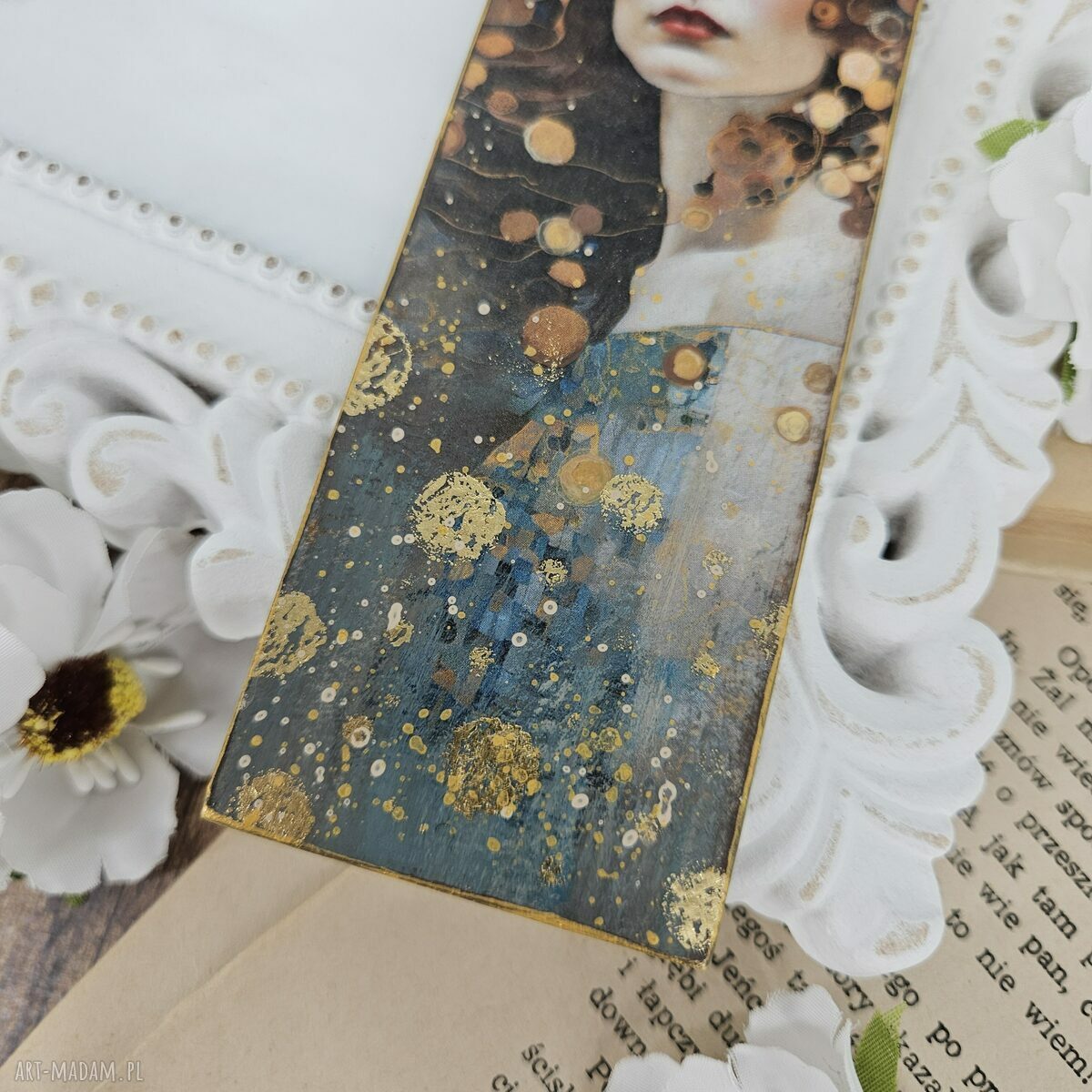 Złota zakładka do książki z decoupage inspirowana Klimtem