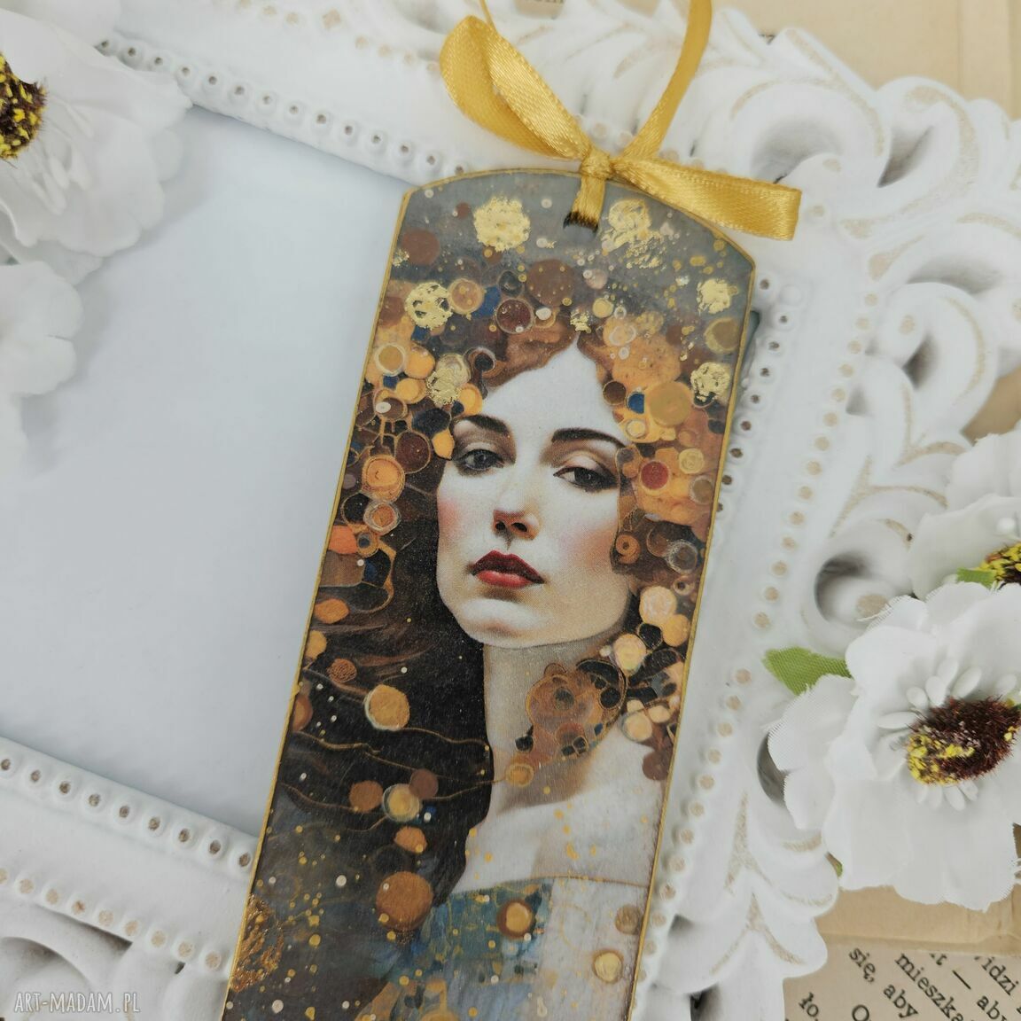 Złota zakładka do książki z decoupage inspirowana Klimtem