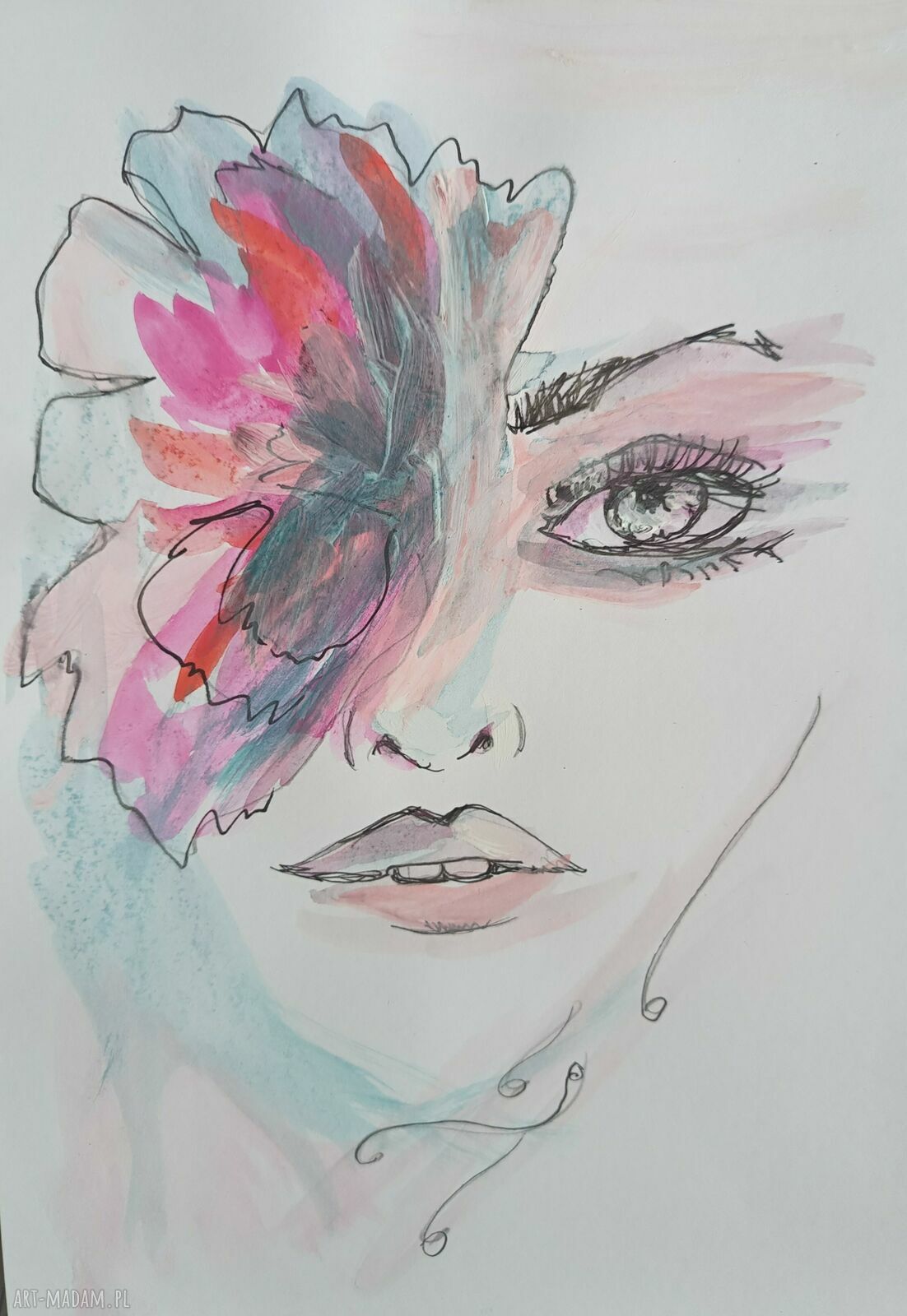 Zaklęta w kwiat - autorska grafika kobiety w technice mixed media