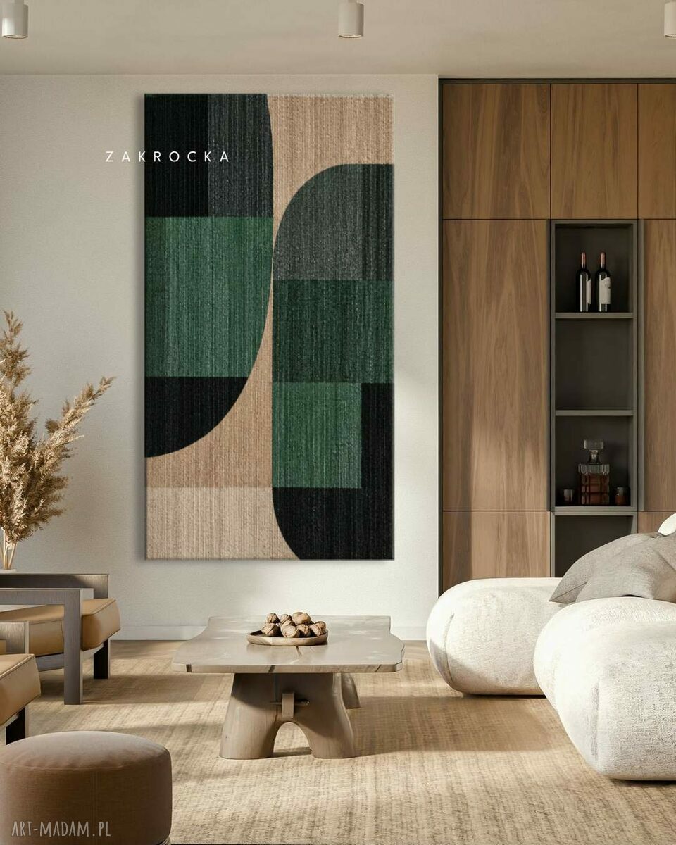 Nowoczesny obraz do salonu 80x160 cm zieleń i beż (relief)