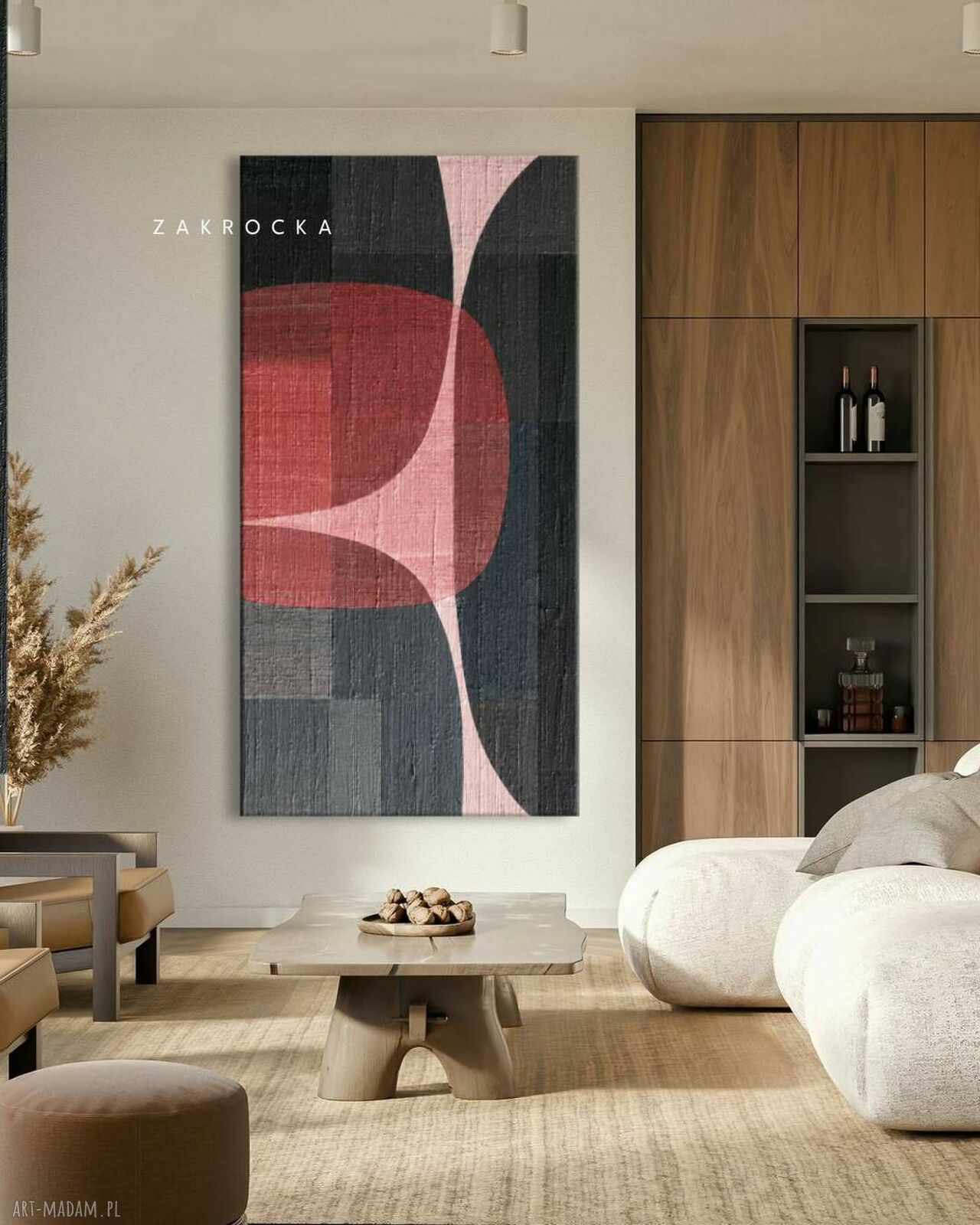 Ręcznie robiony obraz modernistyczny 80x160 cm buraczek i beż