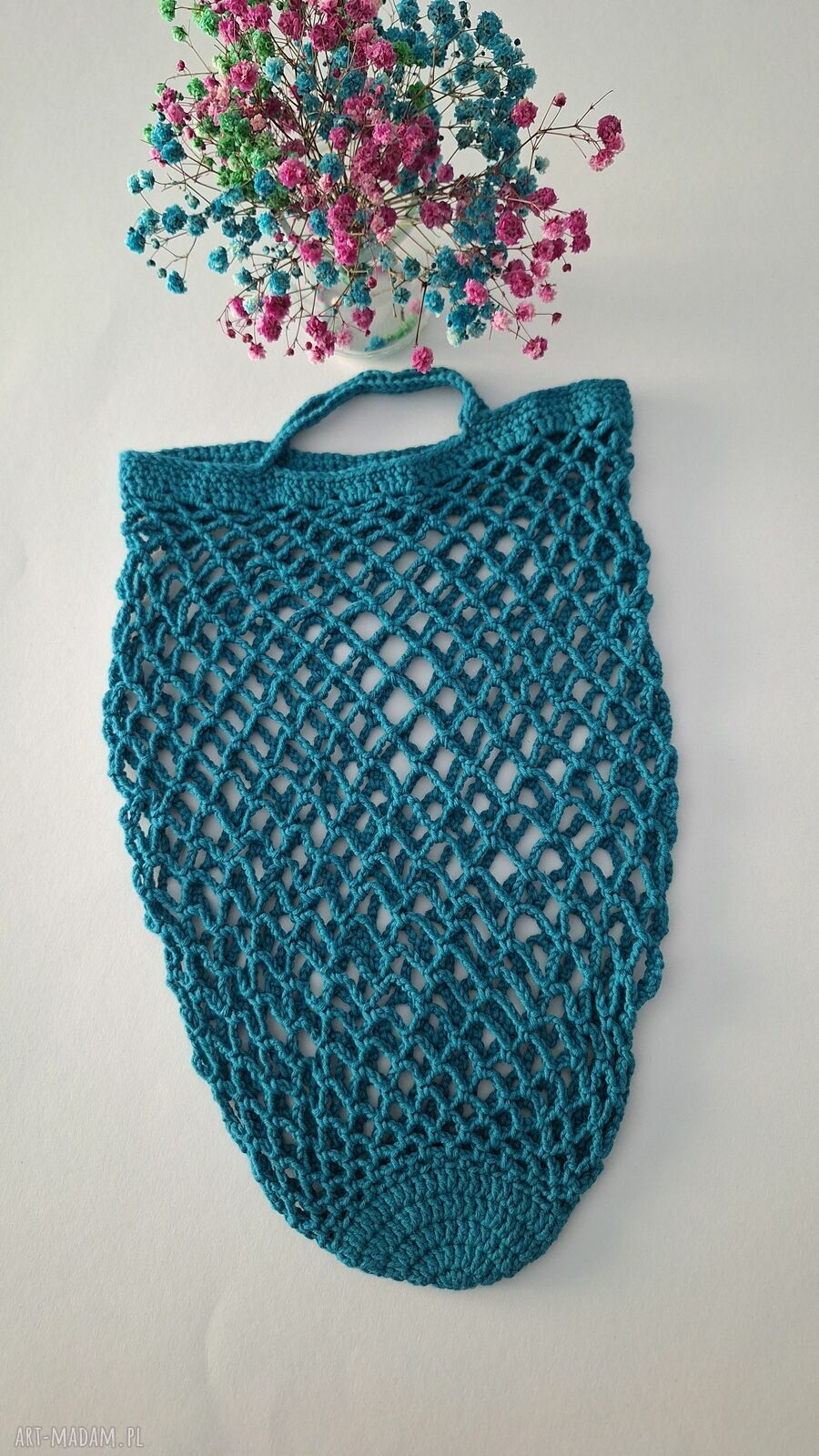 Siatka na zakupy turkusowa - mała do ręki, robiona na szydełku (handmade)