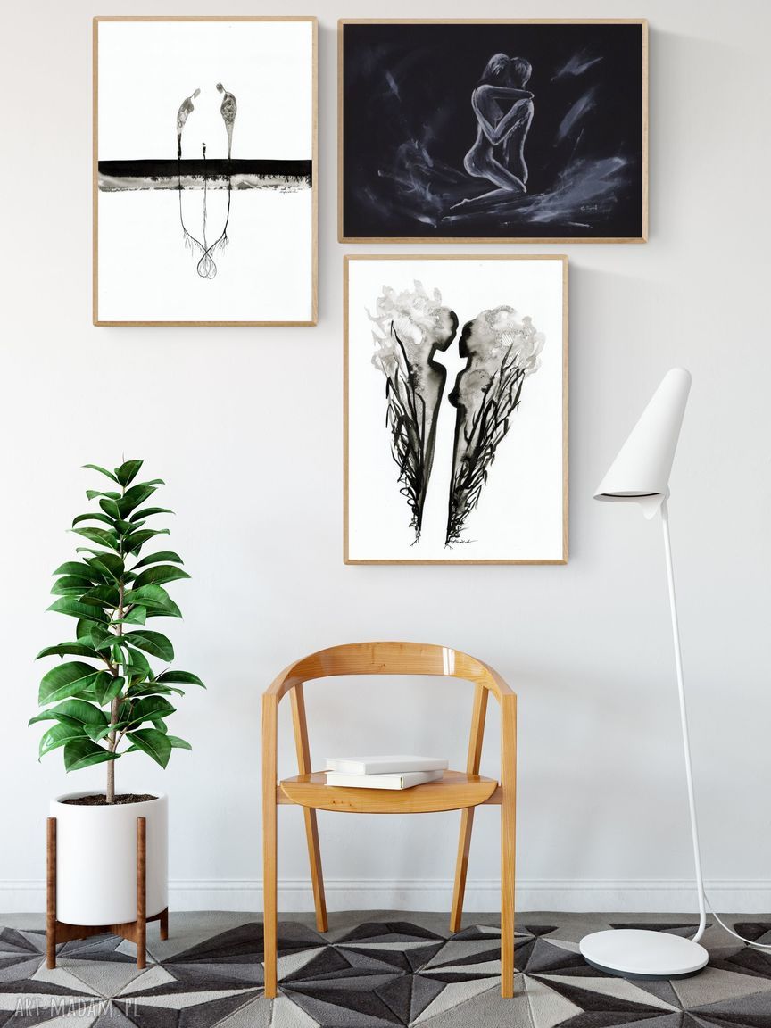Zestaw 3 ręcznie malowanych obrazów czarno-białych 30x40 cm - minimalizm