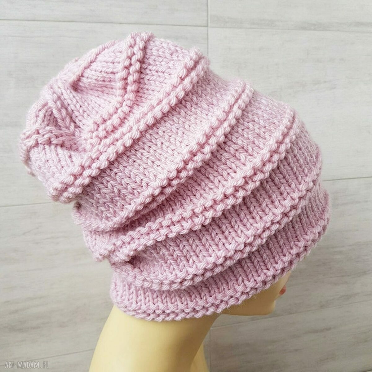 Czapka oversize pastelowy róż - ręcznie robiona beanie na duże głowy