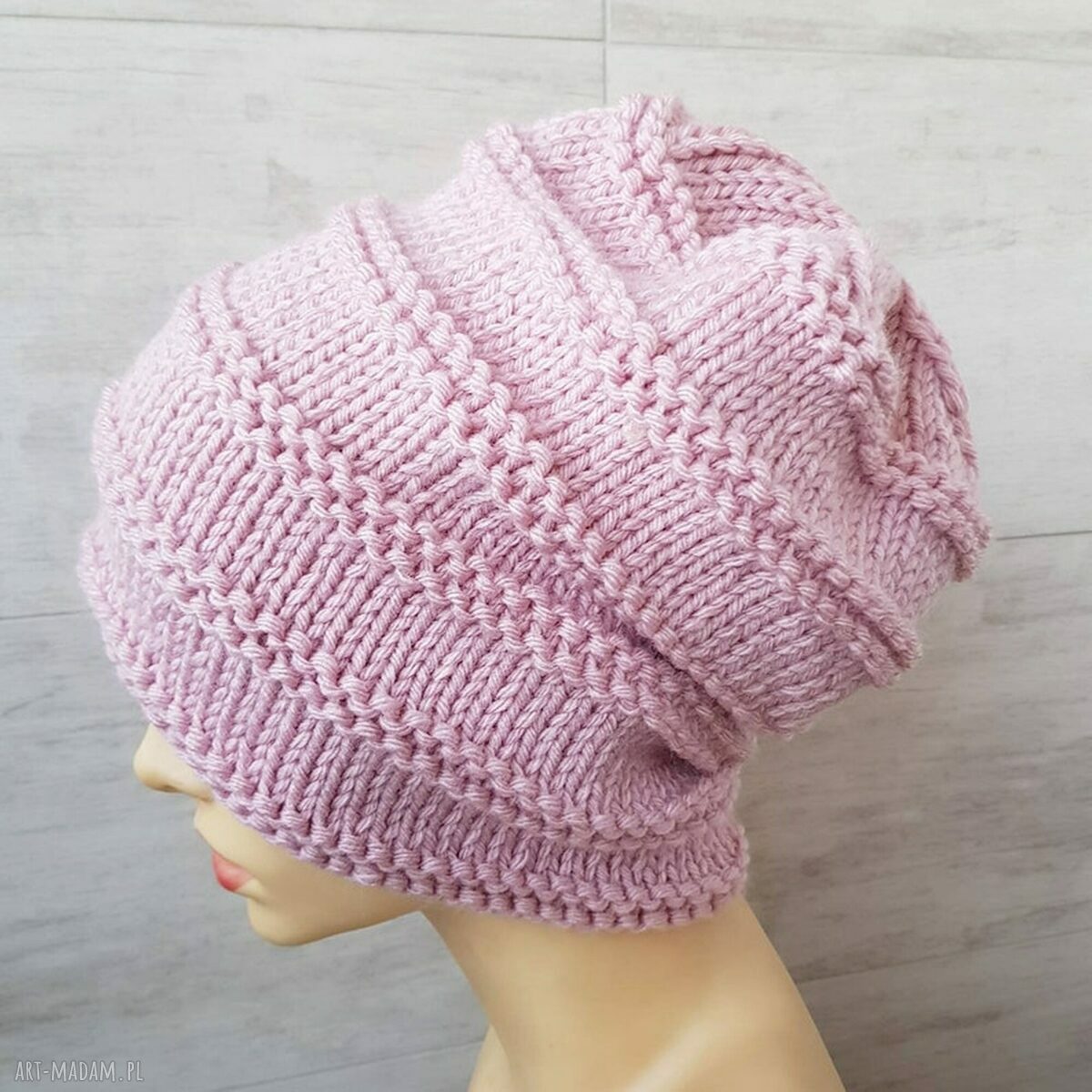Czapka oversize pastelowy róż - ręcznie robiona beanie na duże głowy