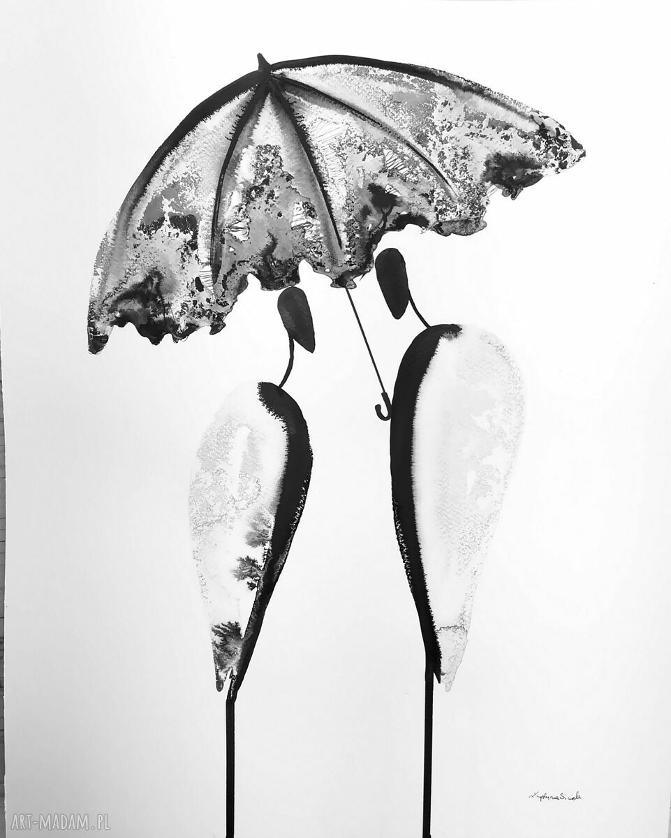 Ręcznie malowany obraz Deszcz z parasolami - czarno-biała abstrakcja 40x50 cm (na zamówienie)