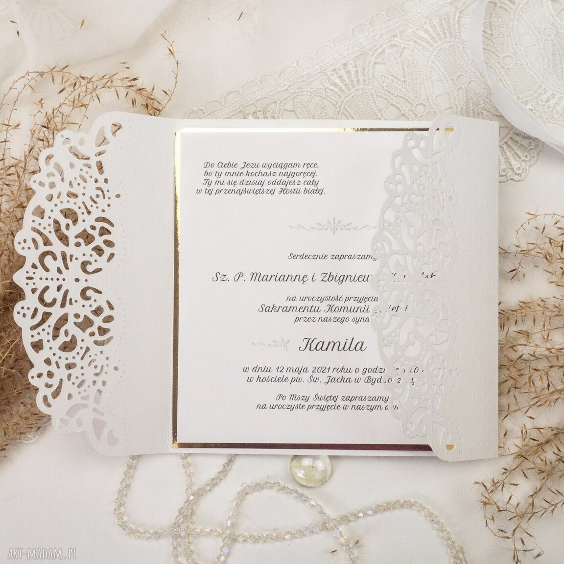Zaproszenia komunijne 25 szt - handmade Biała Konwalia, ażurowy i laserowy styl