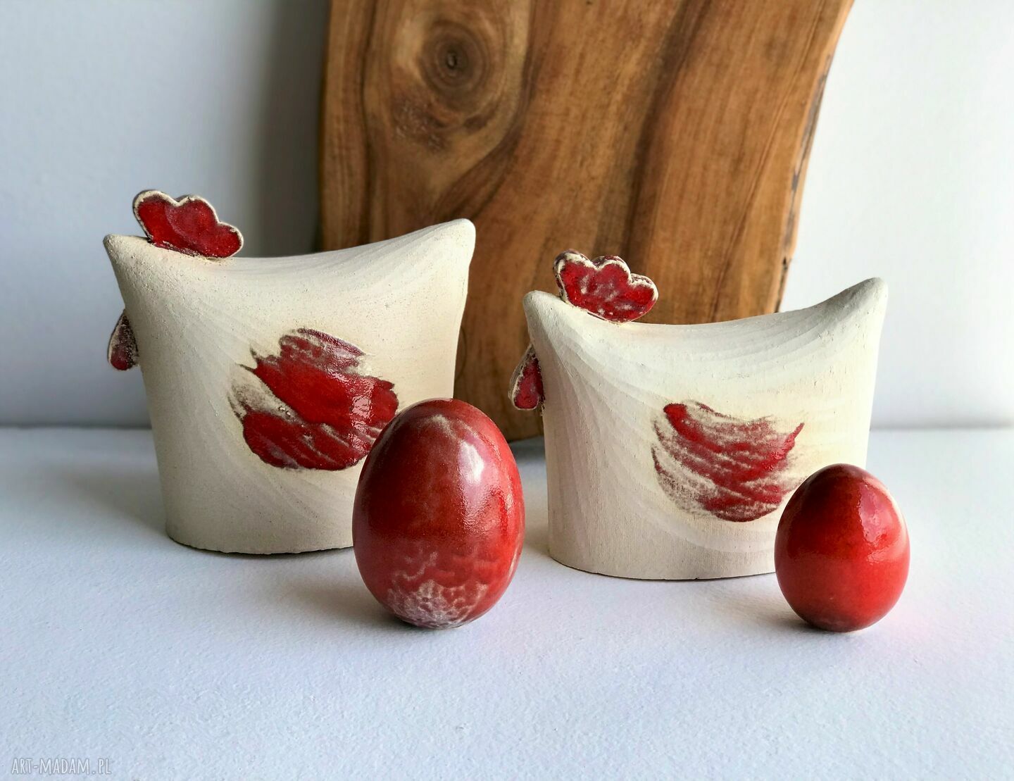 Zestaw 2 kur ceramicznych z jajkami - rękodzieło na Wielkanoc i wiosenne dekoracje