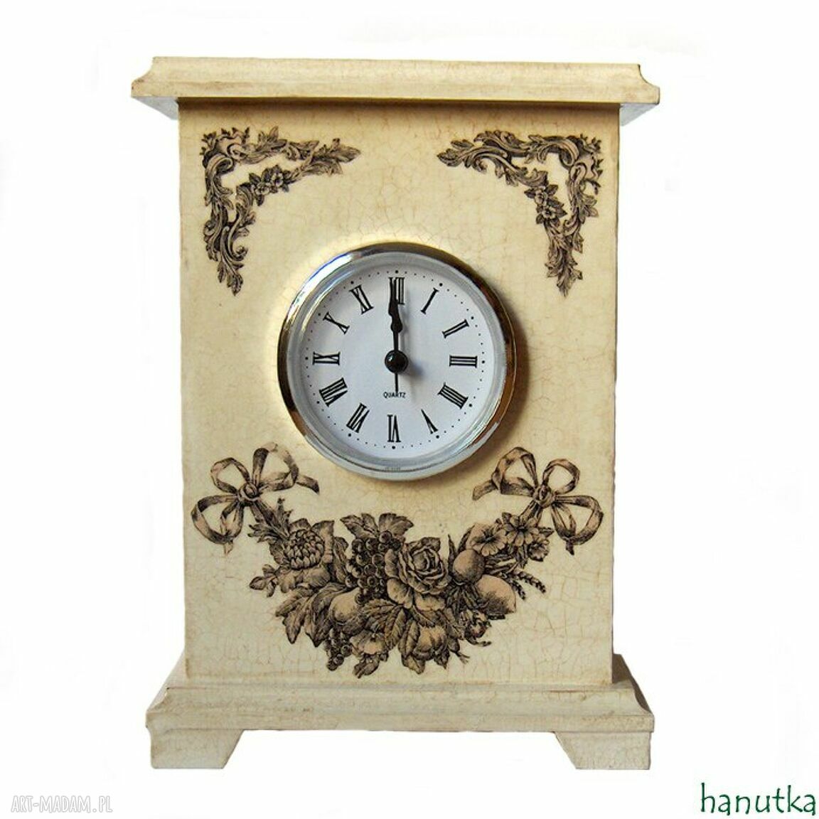 Zegar kominkowy Hanutka z drewna lipowego - ecru, decoupage i efekt porcelanowy