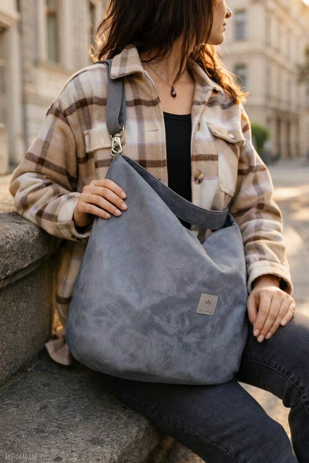 Zamszowa duża torba worek na ramię - szara handmade