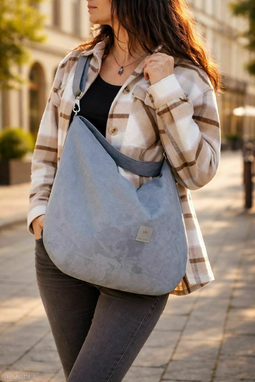 Zamszowa duża torba worek na ramię - szara handmade