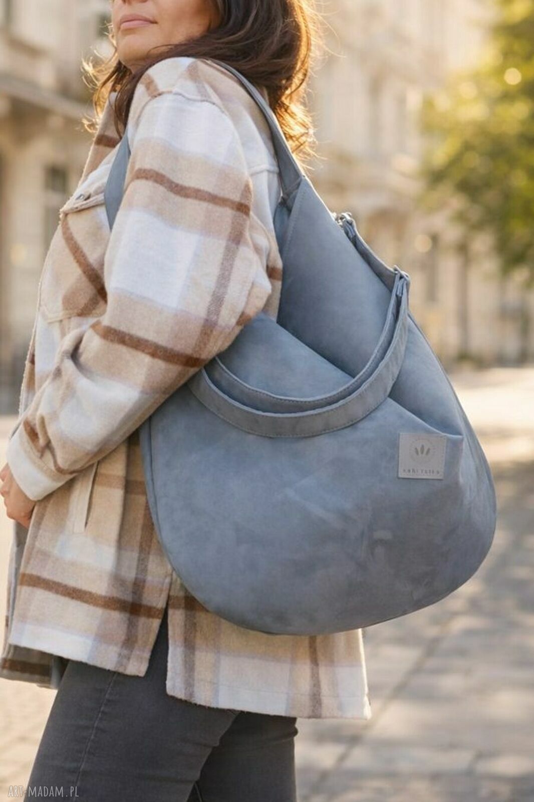 Zamszowa duża torba worek na ramię - szara handmade