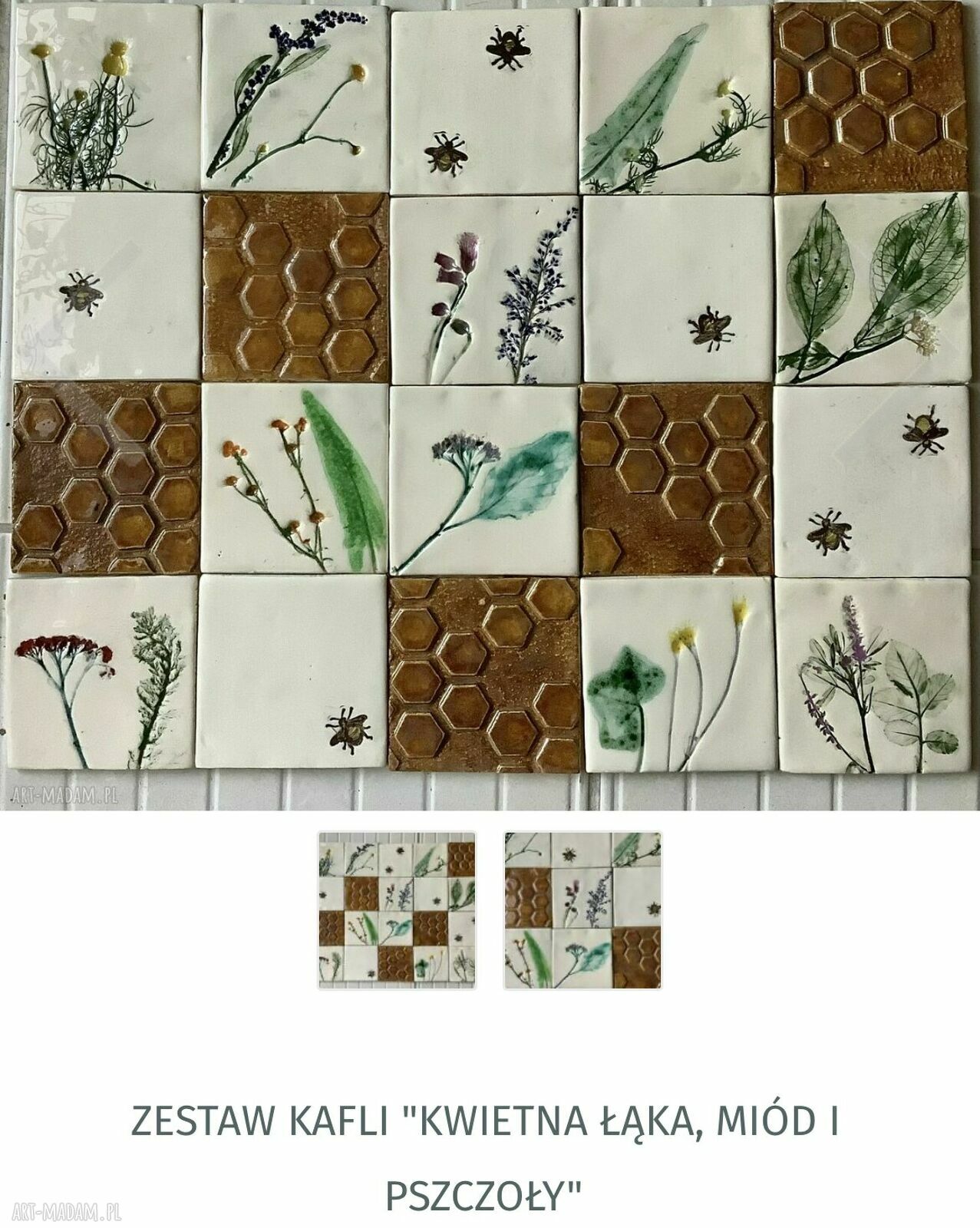 Kafelki ceramiczne handmade miodowe z pszczołami - zestaw 24 sztuk
