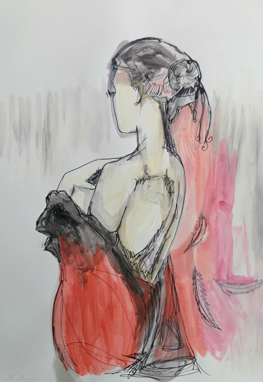 Zamyślona - oryginalna grafika kobiety w technice mixed media