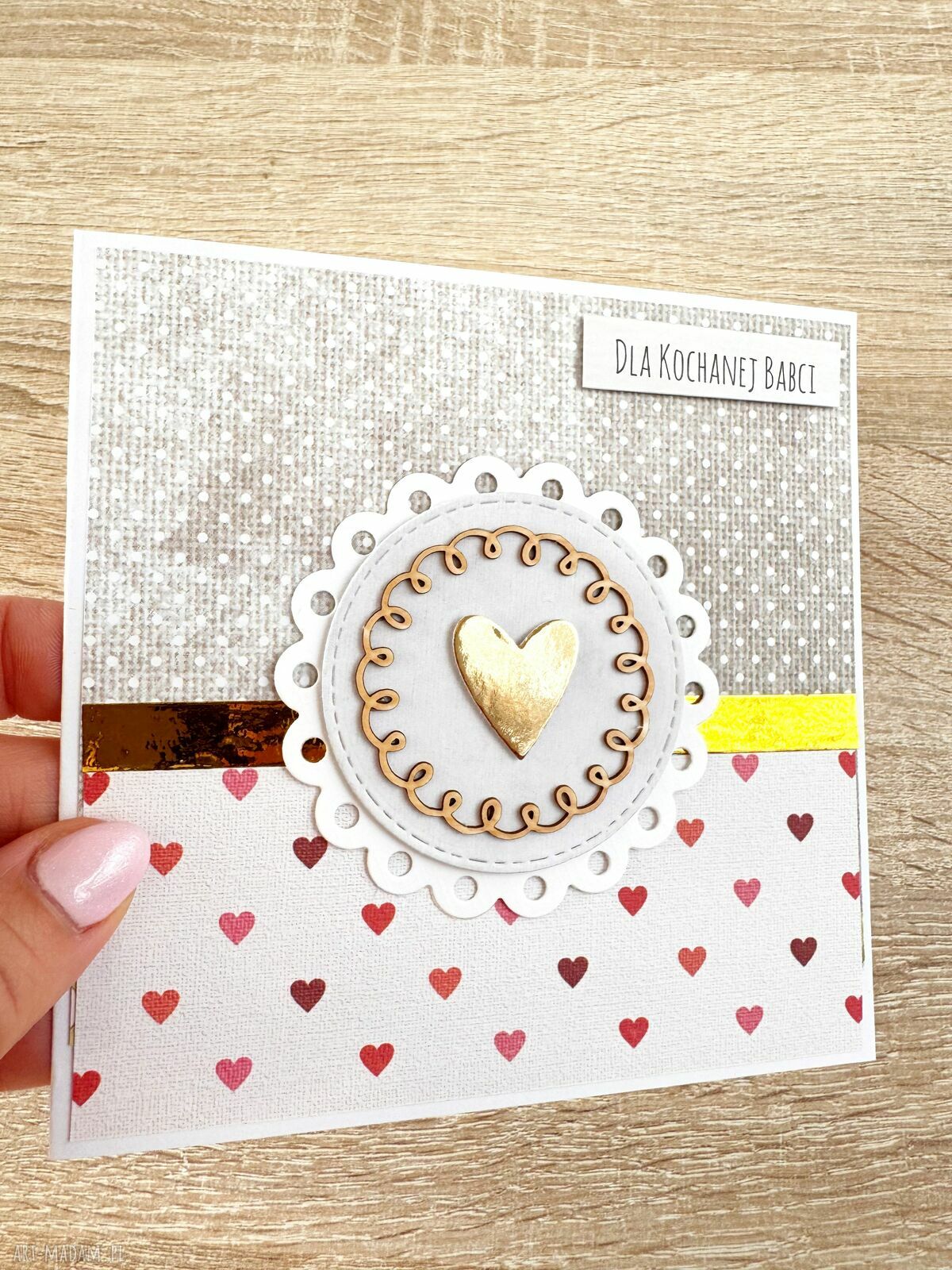Kartka dla Babci scrapbooking, personalizowane gratulacje i kieszonka na pieniądze