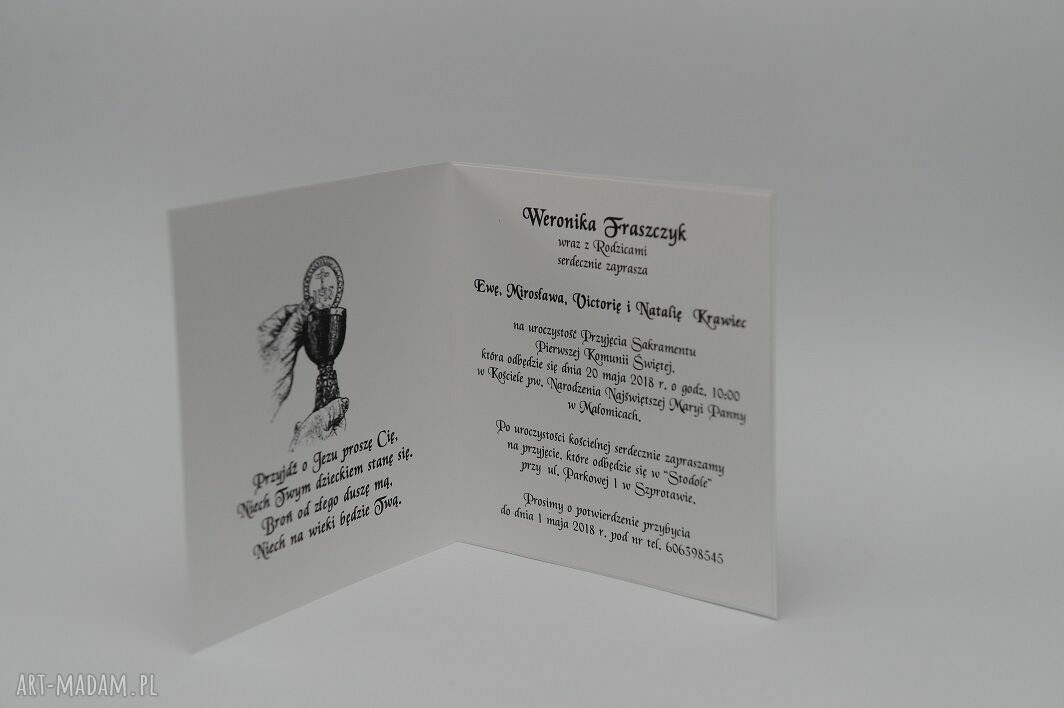 Zaproszenia komunijne na Pierwszą Komunię Świętą - personalizowane 15x15 cm z białą kopertą