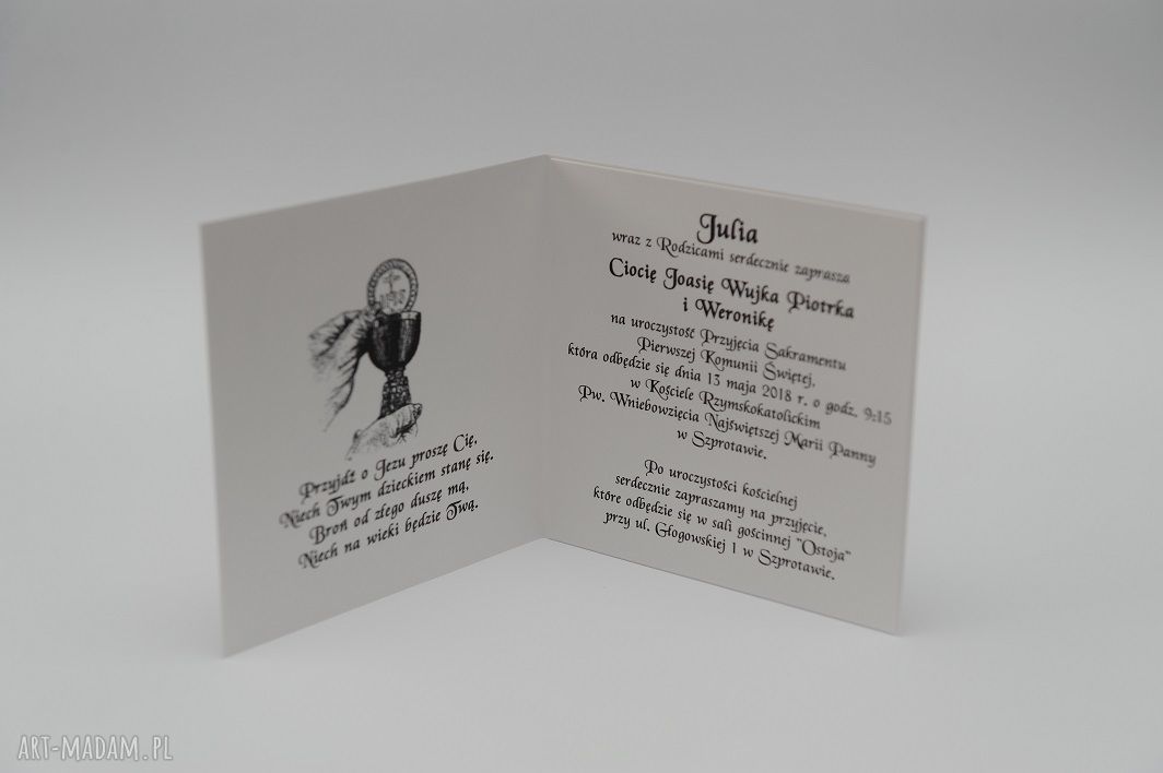Zaproszenia na Pierwszą Komunię Świętą handmade - personalizacja i biała koperta