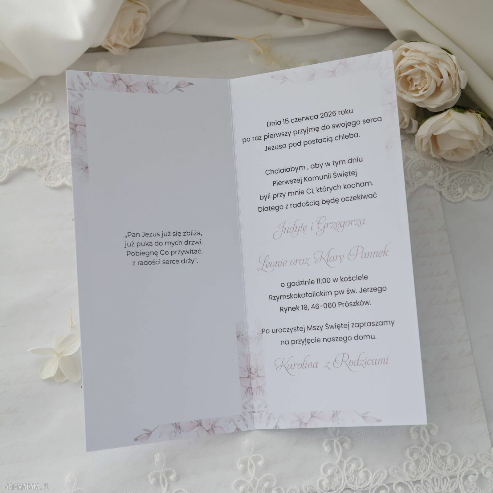 Zaproszenia komunijne dla dziewczynki - 5 szt biało-różowe (personalizowane)