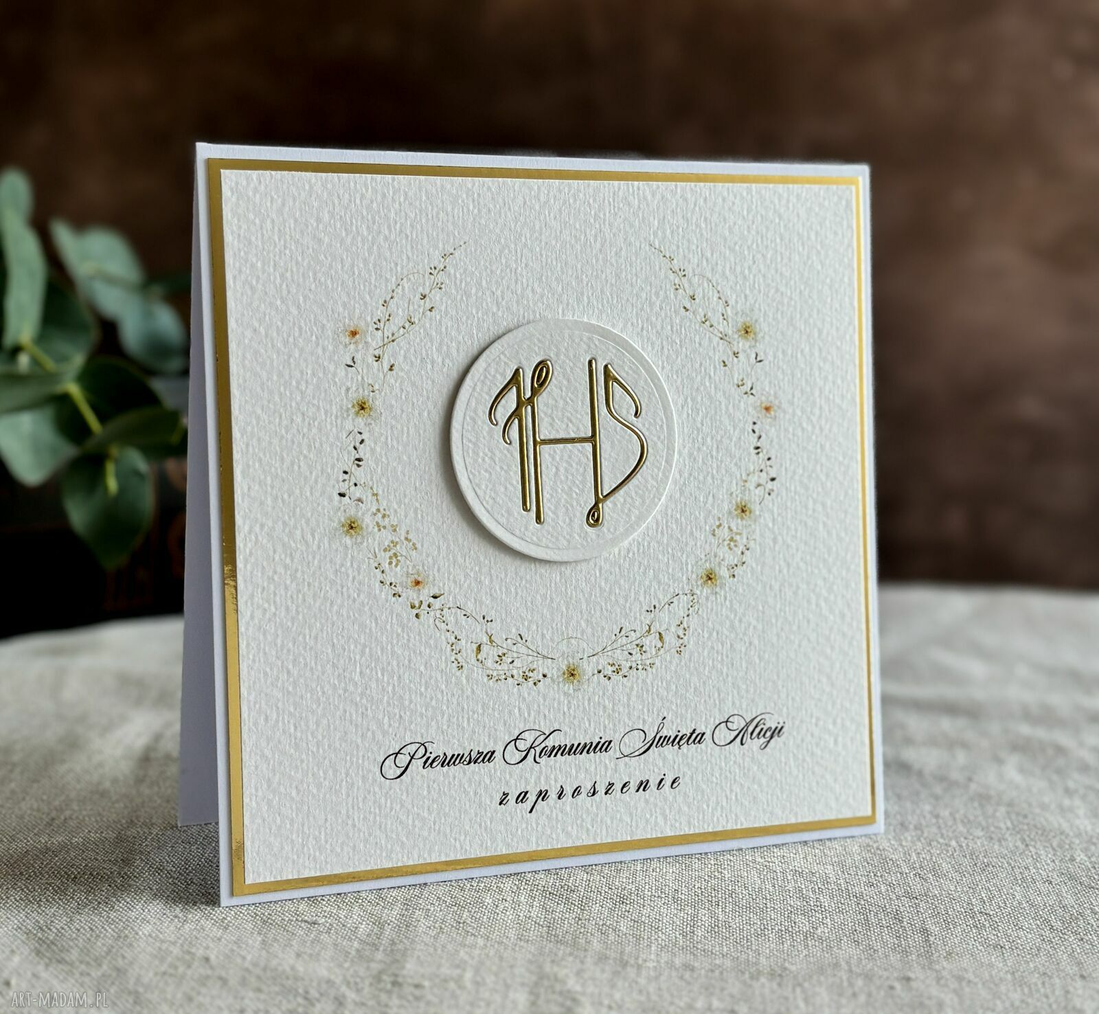 Zaproszenia komunijne ręcznie robione Wzór 51D - biało-złote i personalizowane 14x14 cm