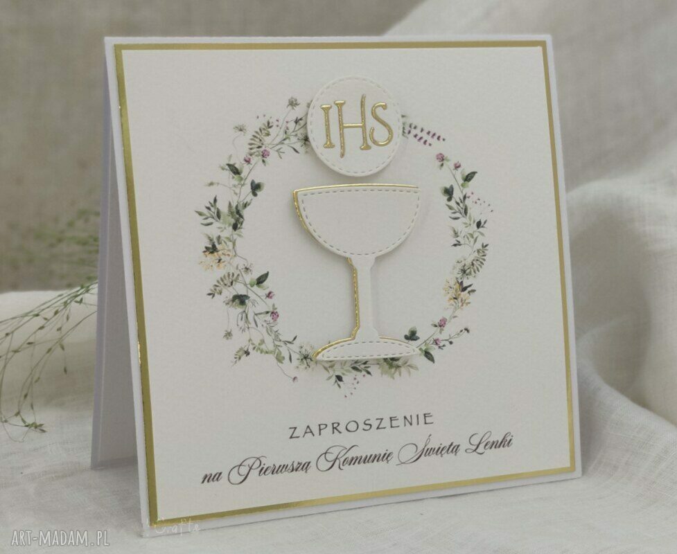 Personalizowane zaproszenia komunijne wzór 18A (biało-złote)