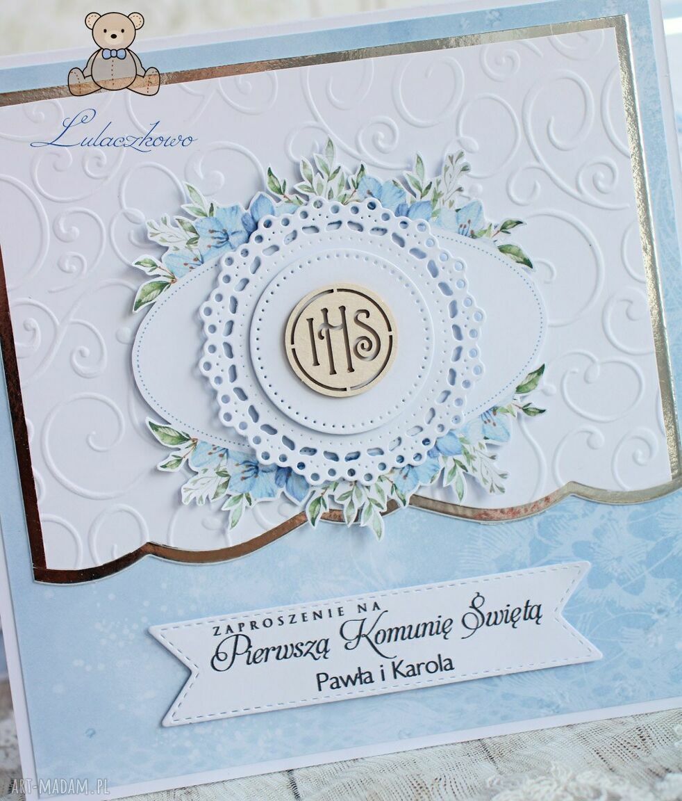 Zaproszenia komunijne Blue Pearl na I Komunię Świętą (16 szt) - personalizowane, handmade
