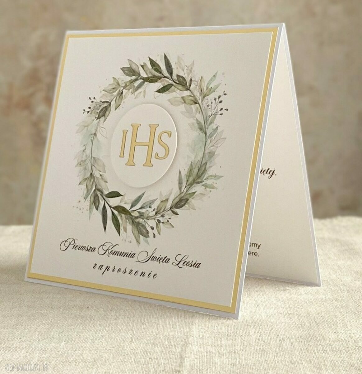 Zaproszenia komunijne z personalizacją, wzór 73 - biało-złote handmade z kopertą