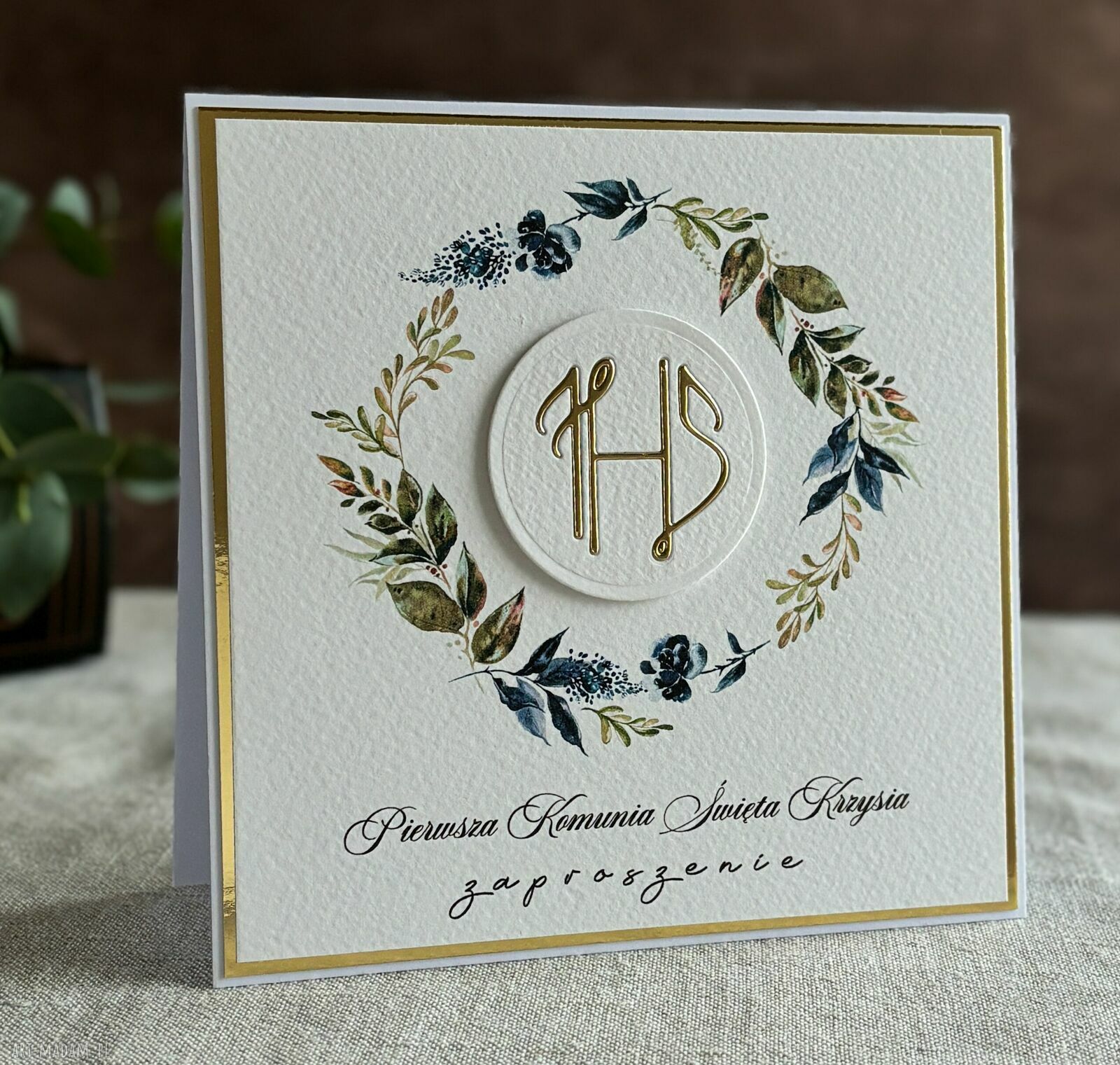 Zaproszenia komunijne ręcznie robione - wzór 33E białe i złote, personalizowane