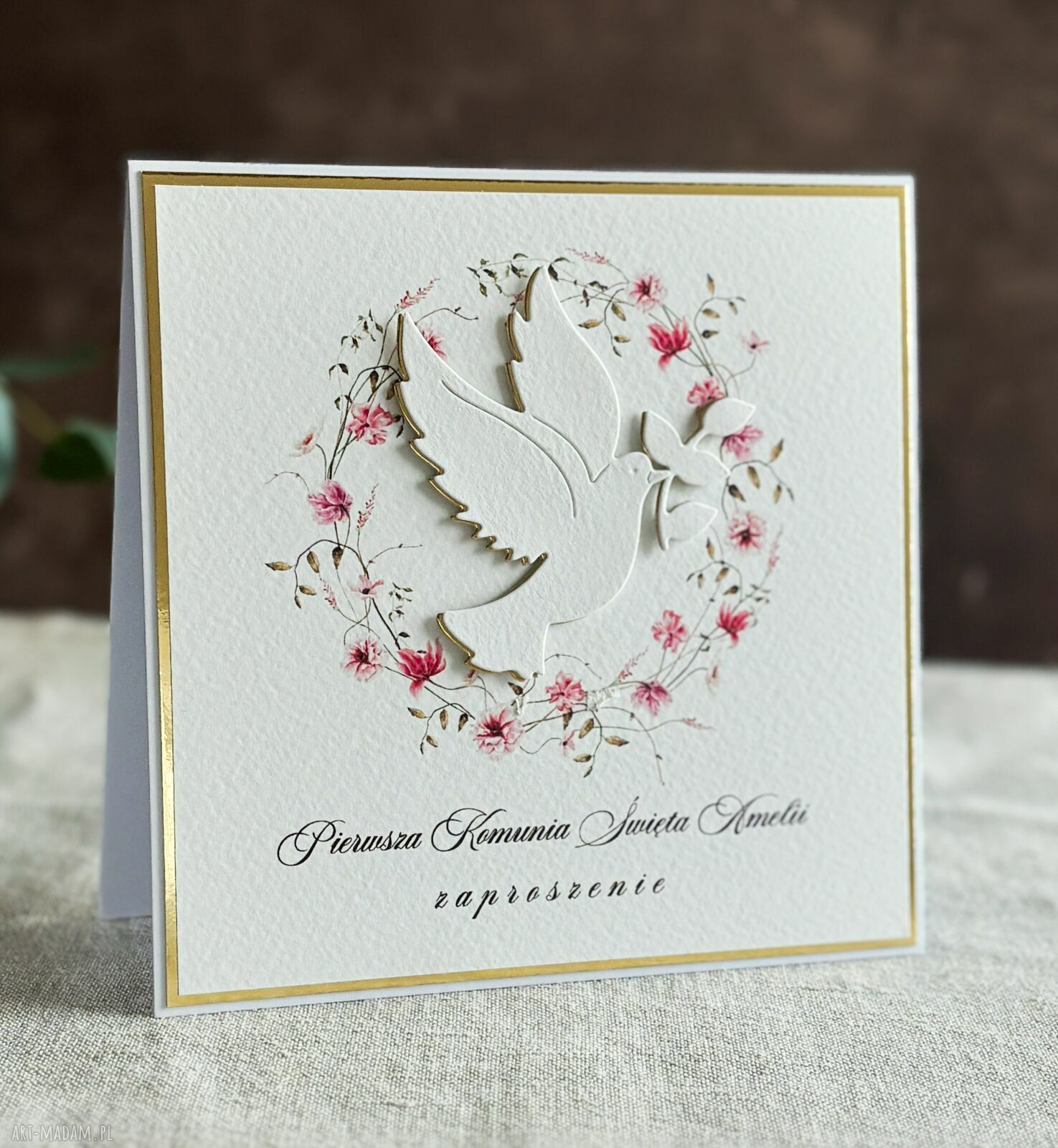 Zaproszenia komunijne ręcznie robione - wzór 58, białe i złote, personalizowane