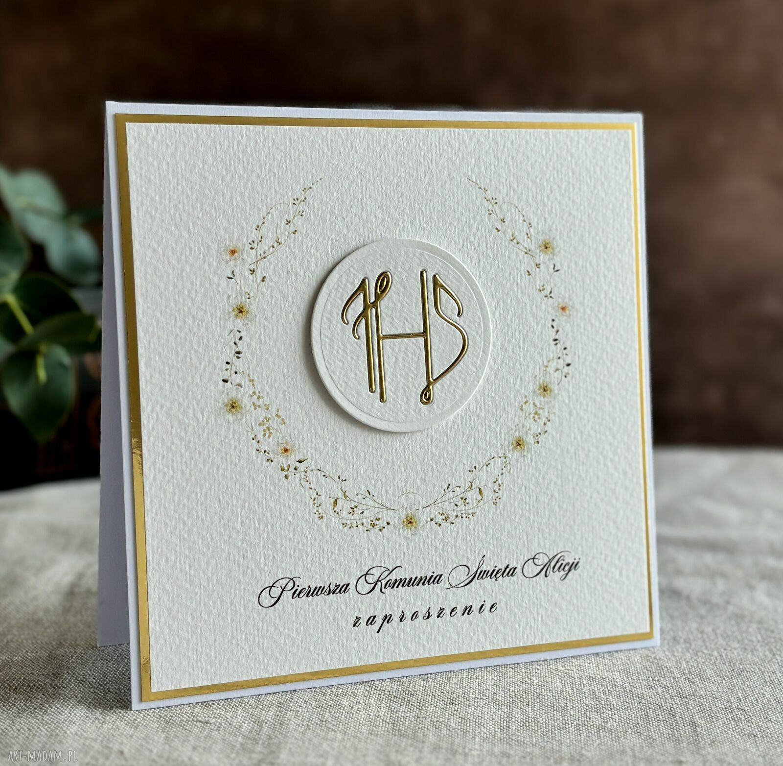 Zaproszenia komunijne ręcznie robione Wzór 51D - biało-złote i personalizowane 14x14 cm