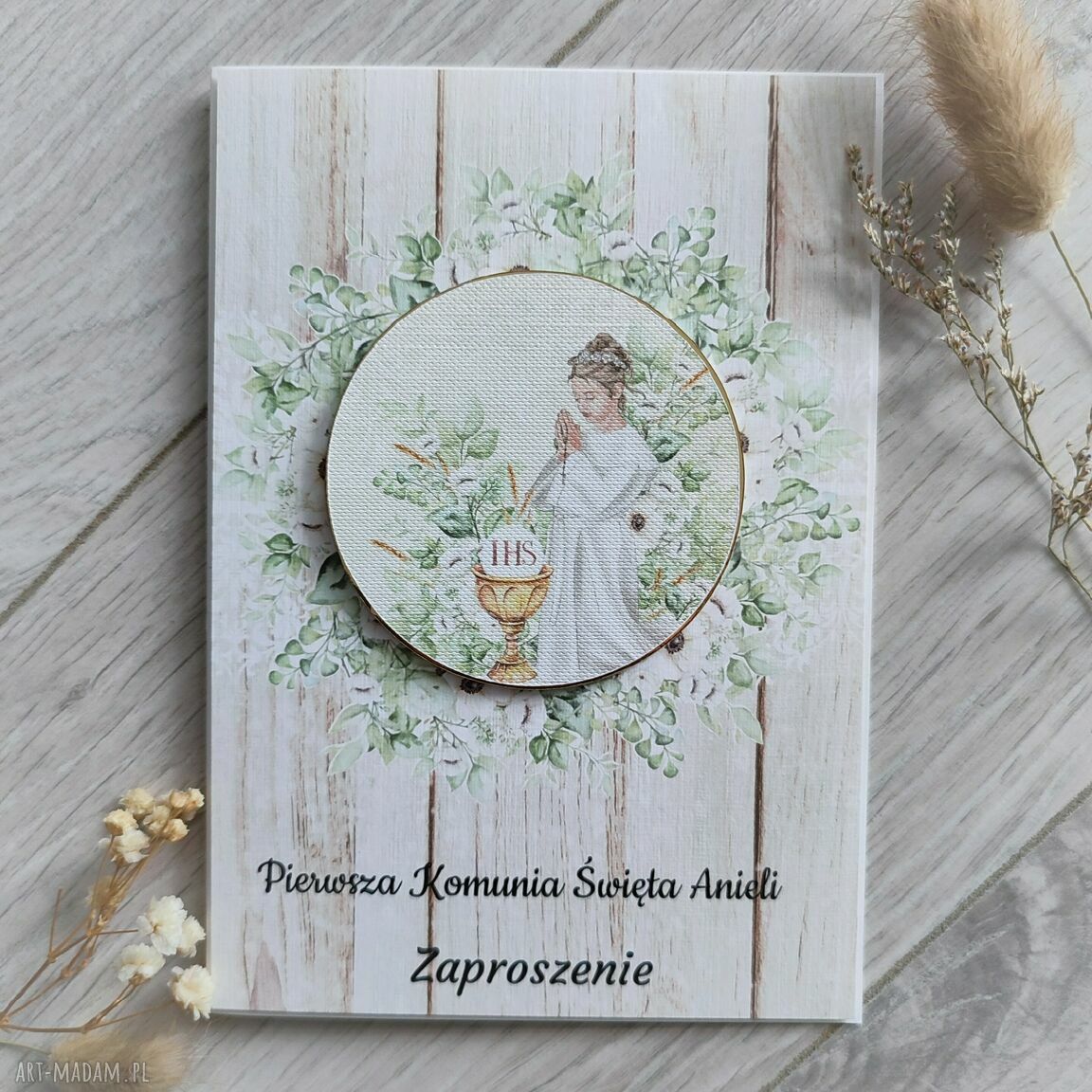 Zaproszenia komunijne rustykalne z kwiatowym wiankiem - personalizacja