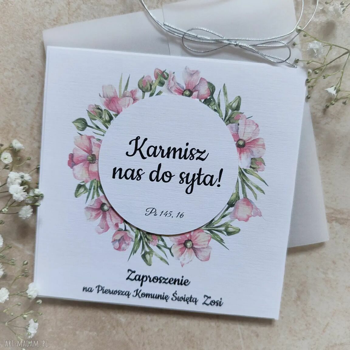 Zaproszenia komunijne dla dziewczynki - kwiatowy wianek