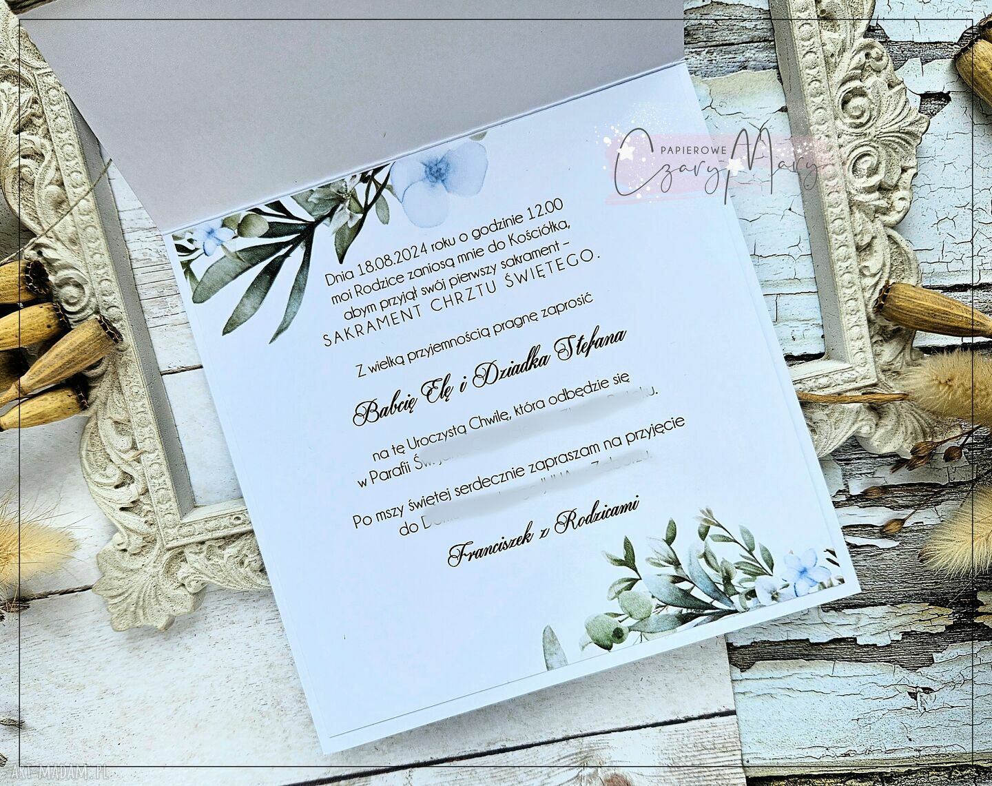 Zaproszenia na Chrzest Święty ze zdjęciem - ręcznie robione, personalizowane 13x13